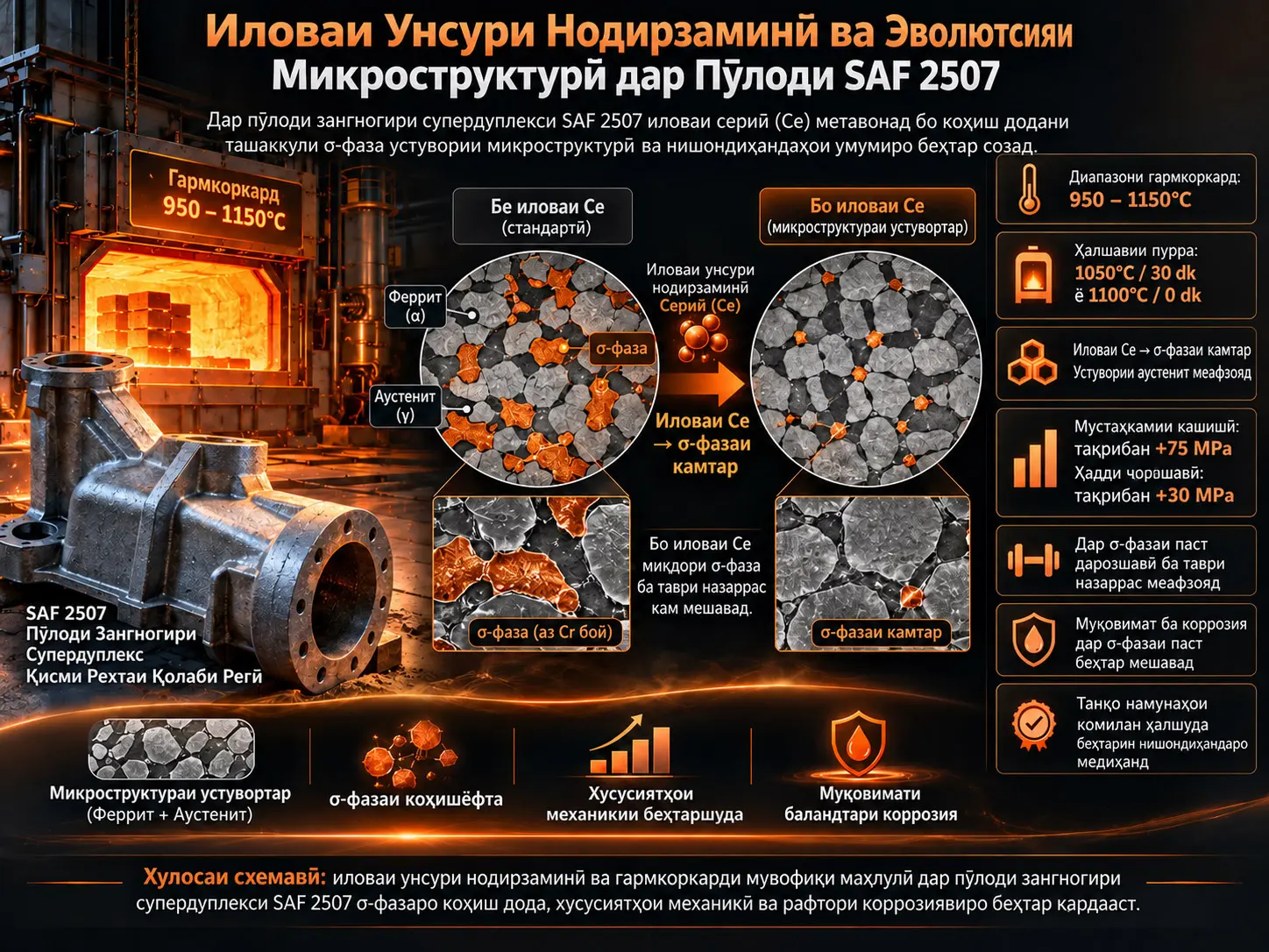 Иловаи Унсури Нодирзаминӣ ба Пӯлоди Зангногири Супердуплекси SAF 2507: Таъсир ба Эволютсияи Микроструктурӣ ва Хусусиятҳои Механикӣ