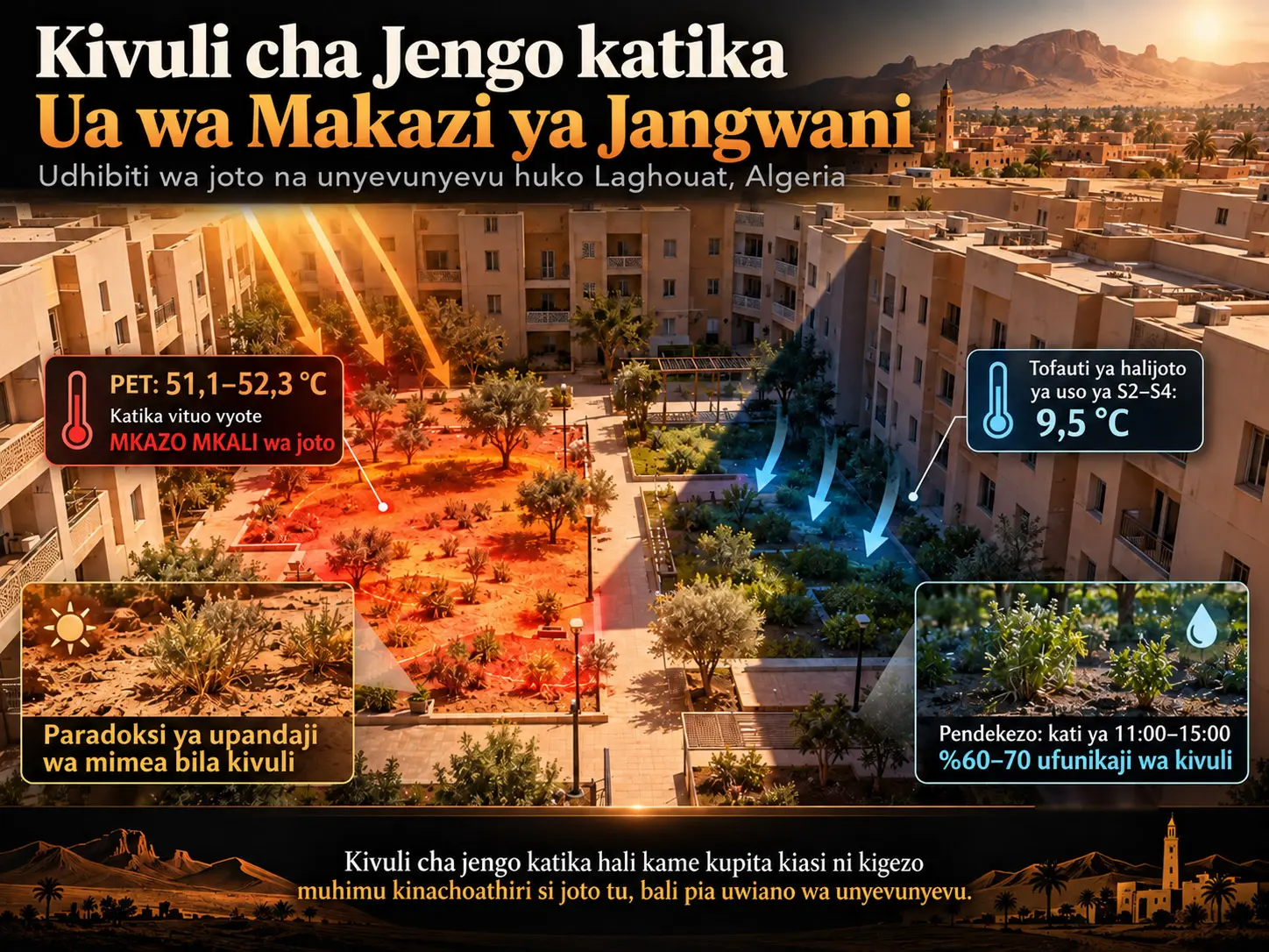Je, Kivuli cha Jengo Hufanya Kazi kama Kidhibiti Maradufu cha Joto–Unyevunyevu katika Ua wa Makazi wa Sahara? Ushahidi wa Uwanjani kutoka Laghouat, Algeria, Kitendawili cha Uoto Usio na Kivuli na Mapendekezo ya Usanifu