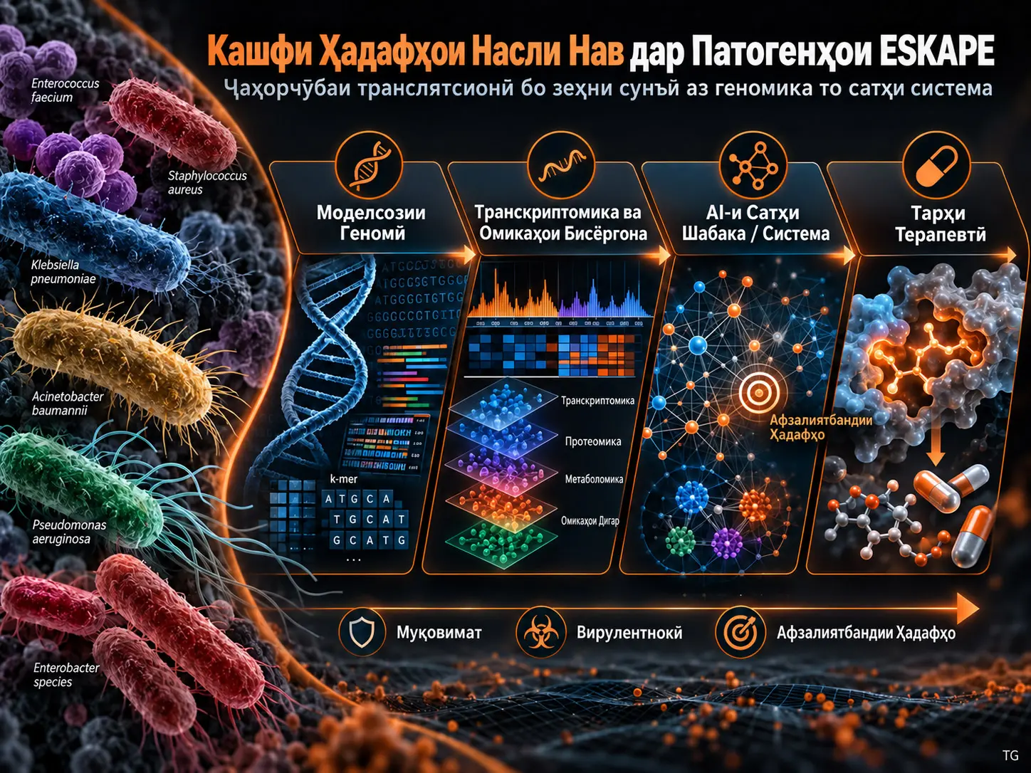 Кашфи Ҳадафҳои Насли Нав дар Патогенҳои ESKAPE: Чаҳорчӯбаи Дастгиришавандаи Зеҳни Сунъӣ аз Таҳлили Омикӣ то Моделсозии Сатҳи Система ва Татбиқи Клиникӣ
