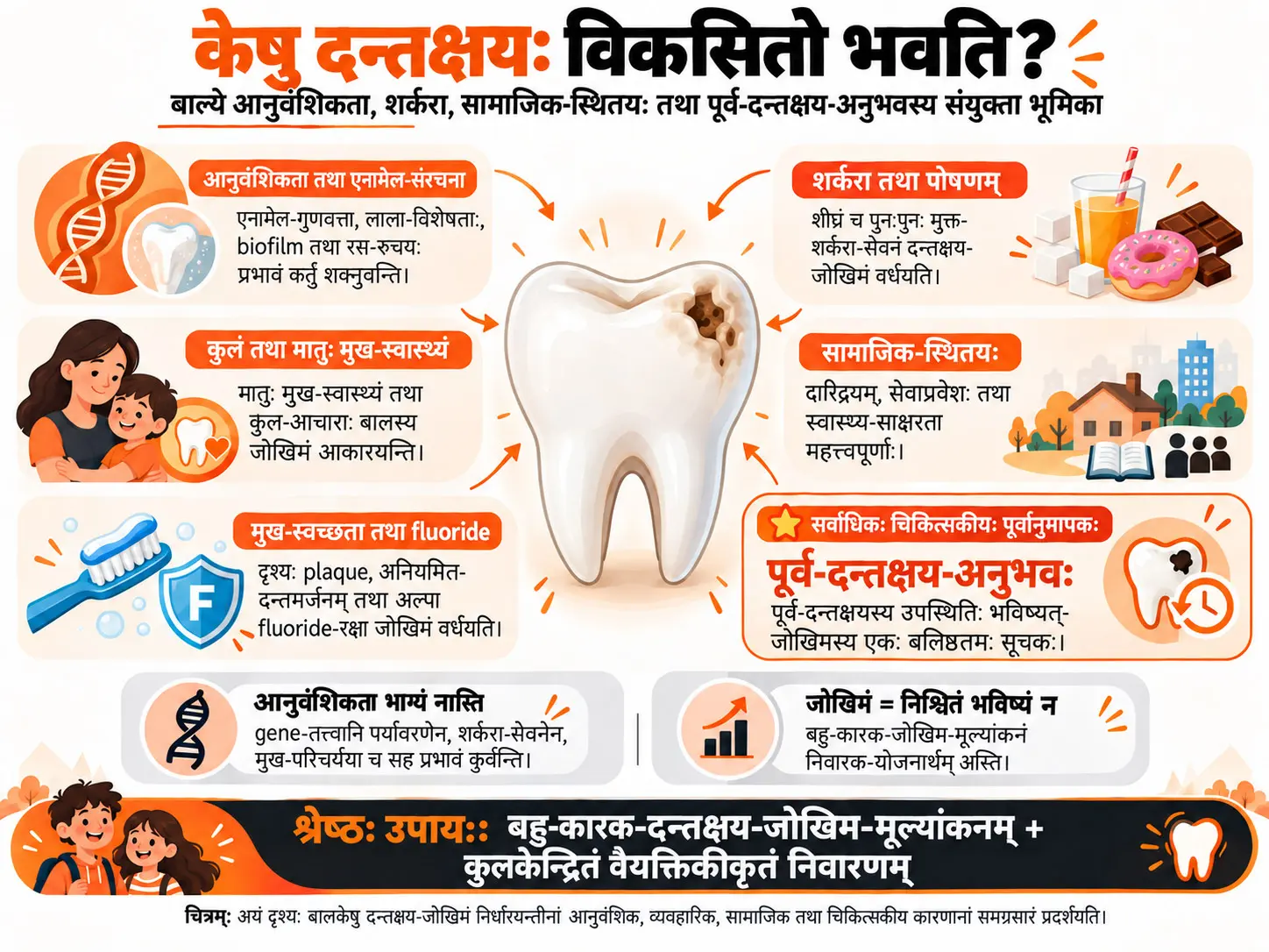 केषु दन्तक्षरणं विकसितं भवति? बाल्ये Genetic कारकाः, शर्करा, सामाजिक-स्थितयः तथा पूर्व-Caries-अनुभवस्य संयुक्त-भूमिका