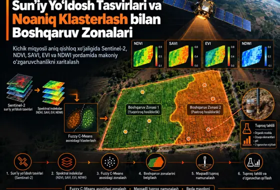 Kichik Miqyosli Aniq Qishloq Xo‘jaligida Multispektral Sun’iy Yo‘ldosh Tasvirlari va Noaniq C-O‘rtachalar Klasterlashi orqali Integratsiyalashgan Boshqaruv Zonalarini Chegaralash