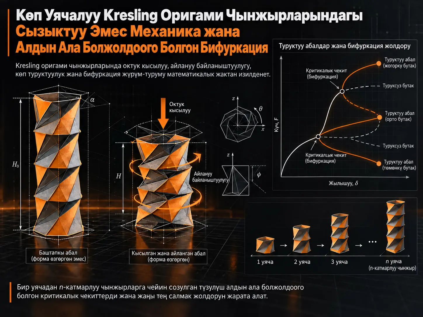 Көп Уячалуу Kresling Оригами Чынжырларындагы Сызыктуу Эмес Механика жана Алдын Ала Болжолдоого Болгон Бифуркация