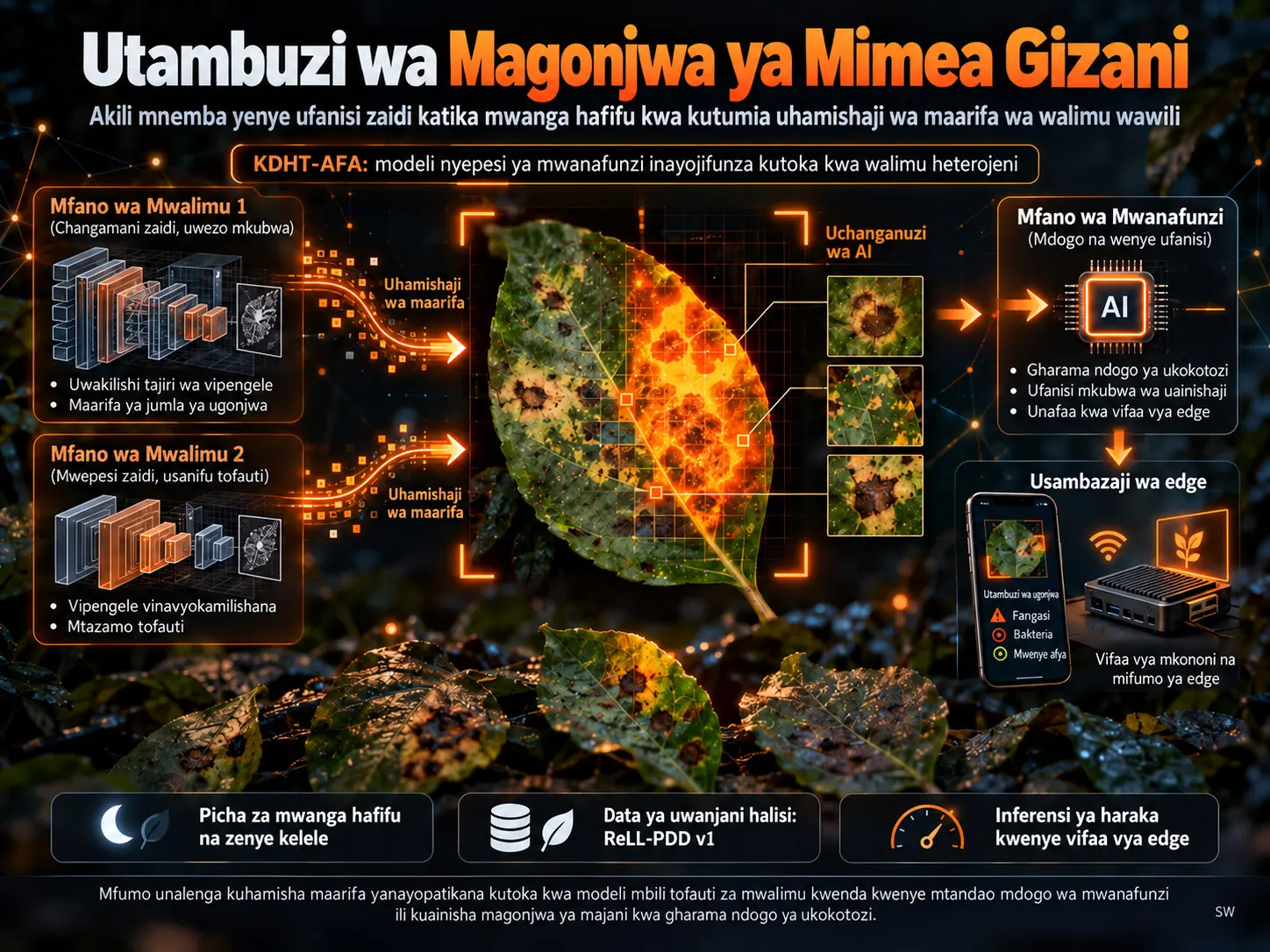 Kuona gizani: uchujaji wa maarifa unaoongozwa na ubadilishaji unaojirekebisha kupitia miundo tofauti ya mwalimu kwa utambuzi imara wa magonjwa ya mimea