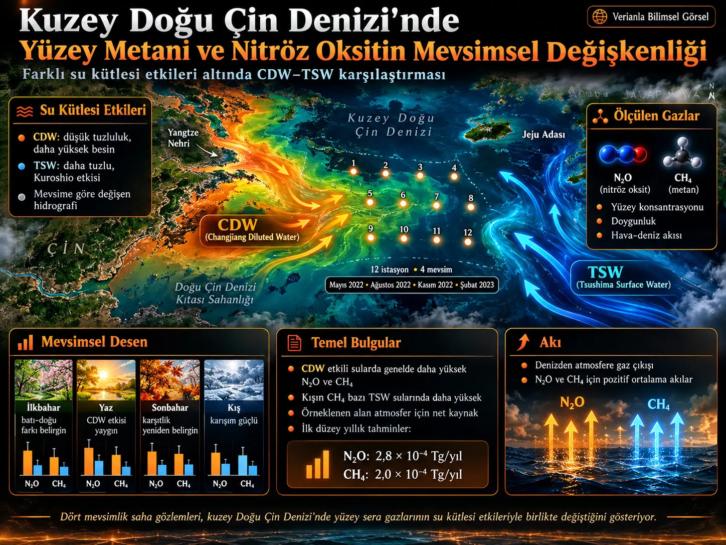 Kuzey Doğu Çin Denizi'nde Farklı Su Kütlesi Etkileri Altında Yüzey Metanı ve Nitröz Oksitin Mevsimsel Değişkenliği