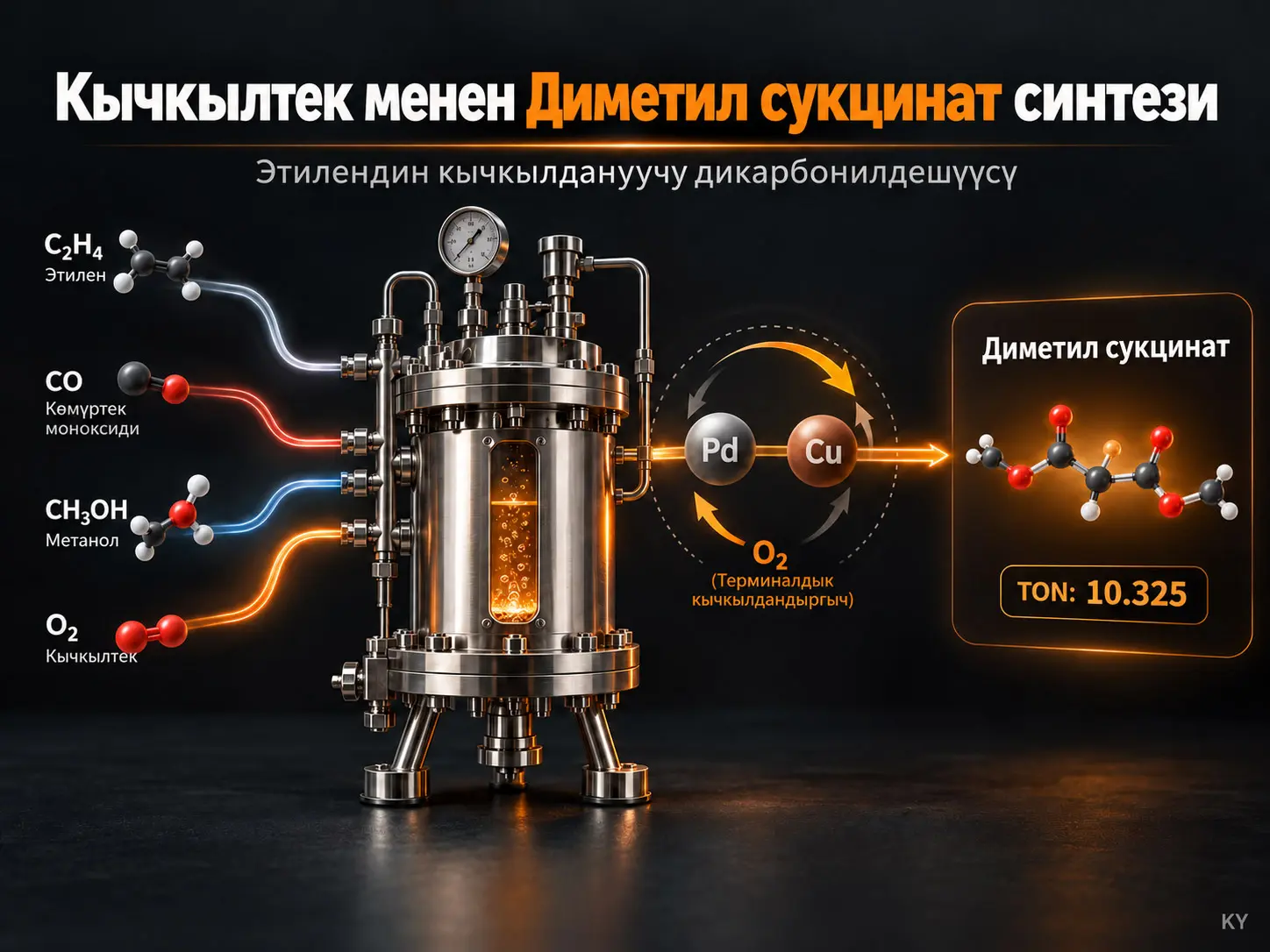Кычкылтек экономикалык терминалдык кычкылдандыргыч катары колдонулган этилендин кычкылдануучу дикарбонилдешүүсү аркылуу диметил сукцинатты натыйжалуу жана туруктуу синтездөө