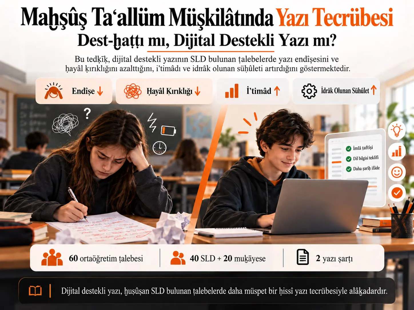 Maḫṣûṣ Taʿallüm Müşkilâtı Bulunan Ṭalebelerde Dest-ḫaṭṭı ile Dijital Destekli Bilgisayar Yazısının Muḳāyesesi: Yazı Endîşesi, İʿtimâd, Ḥayâl Ḳırıklığı ve İdrâk Olunan Sühûlet