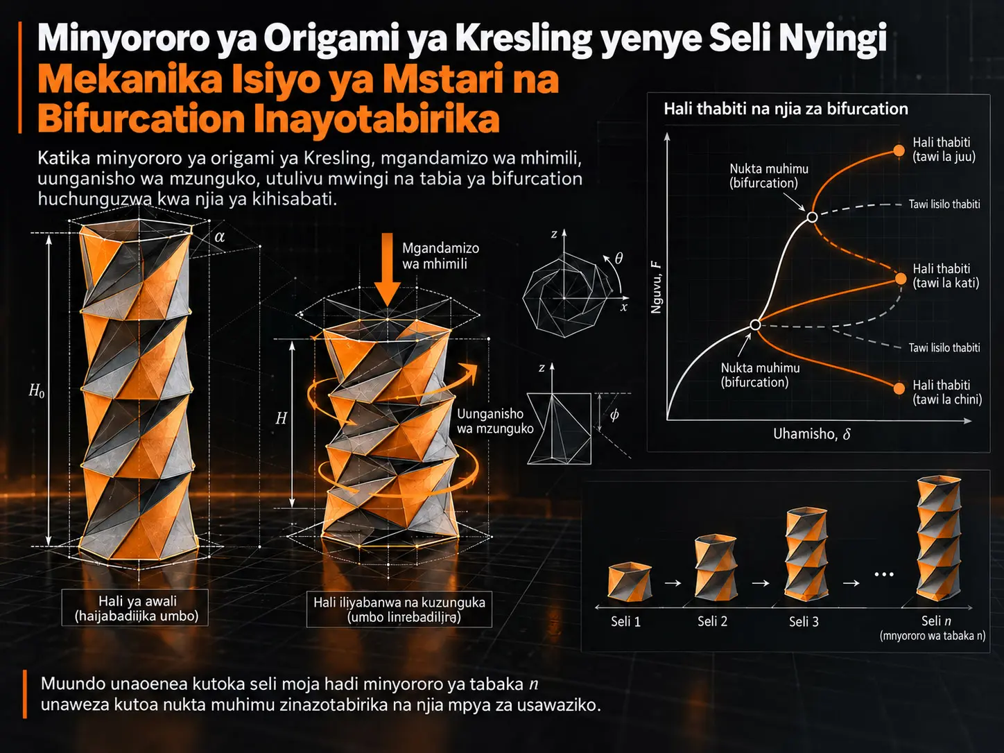 Mekanika Isiyo ya Mstari na Bifurcation Inayotabirika katika Minyororo ya Origami ya Kresling yenye Seli Nyingi