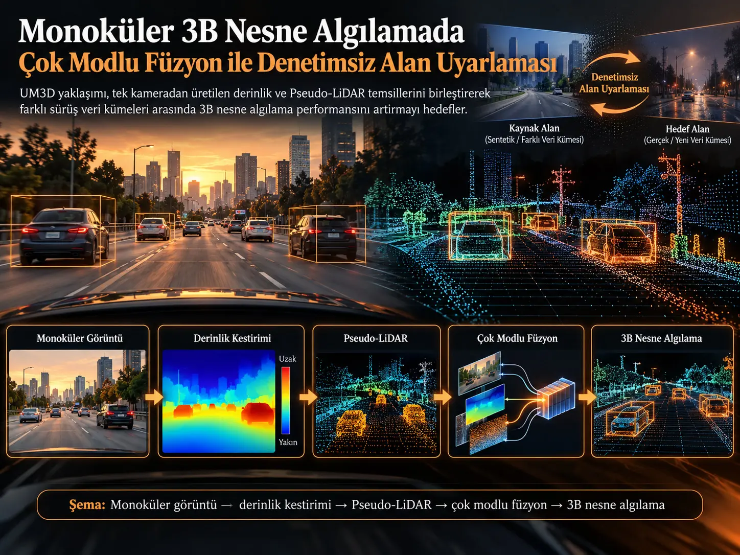 Monoküler 3B Nesne Algılamada Çok Modlu Füzyon ile Denetimsiz Alan Uyarlaması