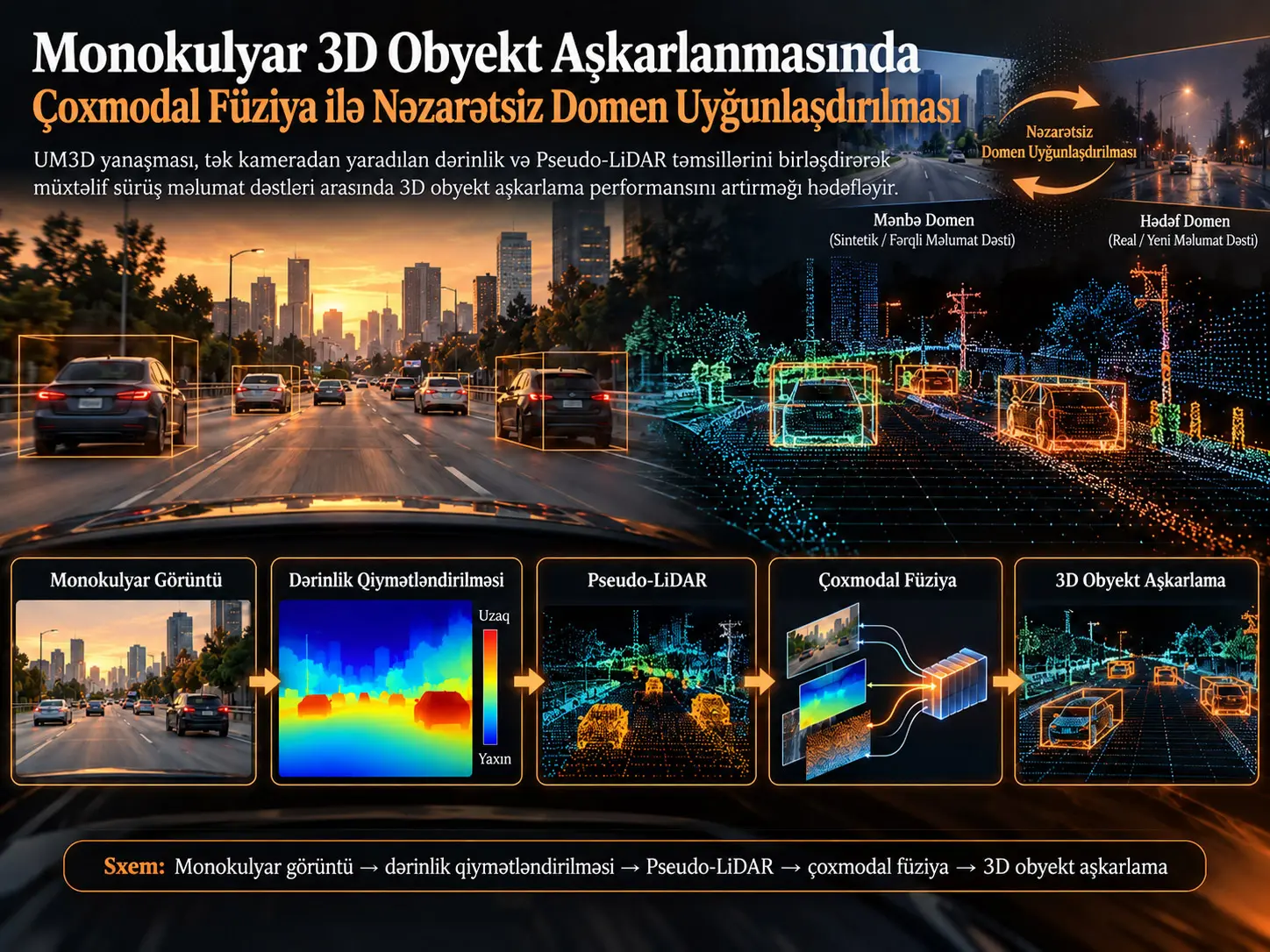 Monokulyar 3D Obyekt Aşkarlanmasında Çoxmodal Füziya ilə Nəzarətsiz Domen Uyğunlaşdırılması
