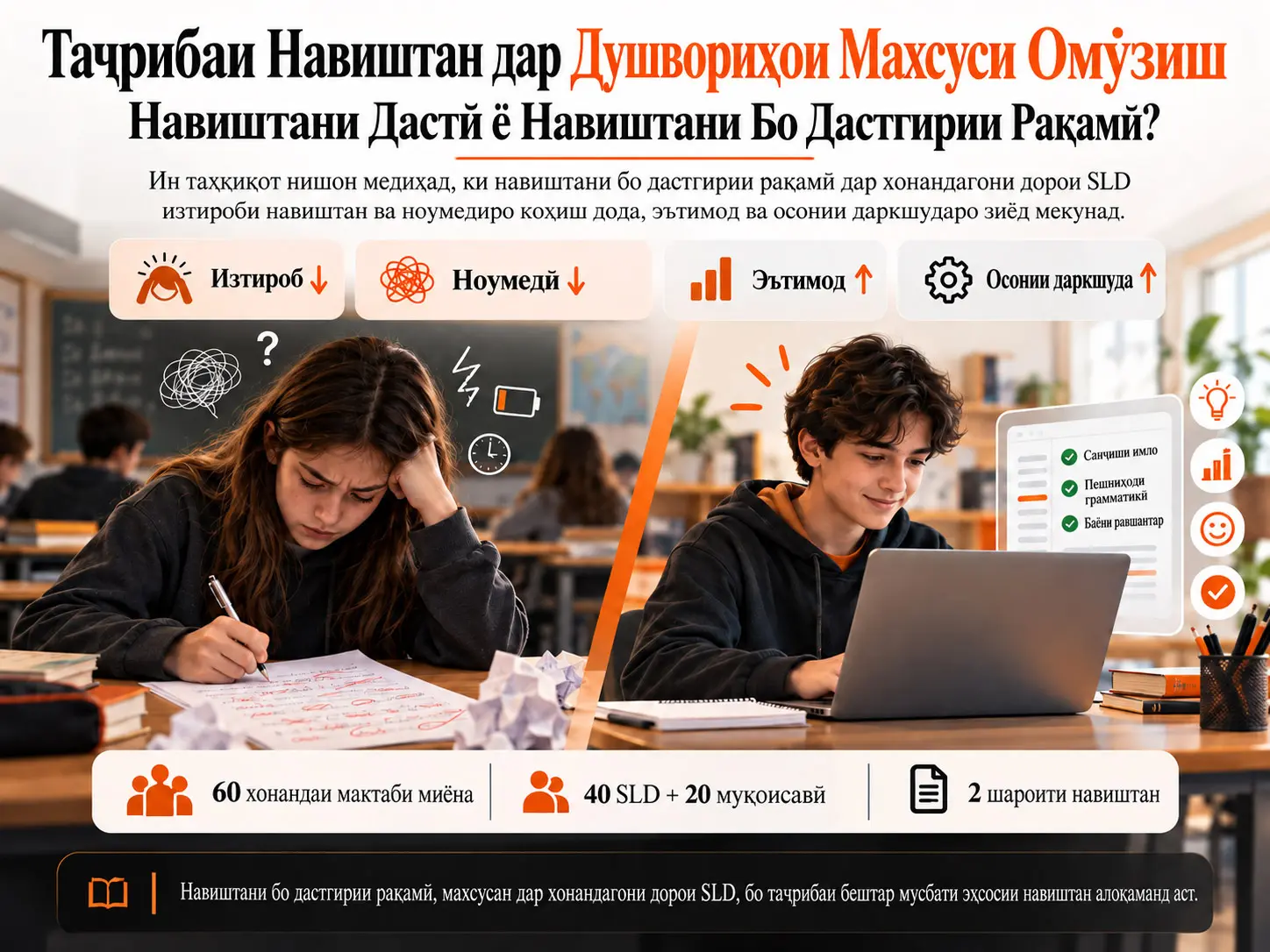 Муқоисаи Навиштани Дастӣ ва Навиштани Компютерии Бо Дастгирии Рақамӣ дар Хонандагони Дорои Душвориҳои Махсуси Омӯзиш: Изтироби Навиштан, Эътимод, Ноумедӣ ва Осонӣи Даркшуда