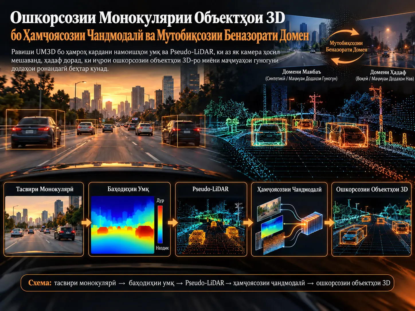 Мутобиқсозии Беназорати Домен бо Ҳамҷоясозии Чандмодалӣ дар Ошкорсозии Монокулярии Объектҳои 3D