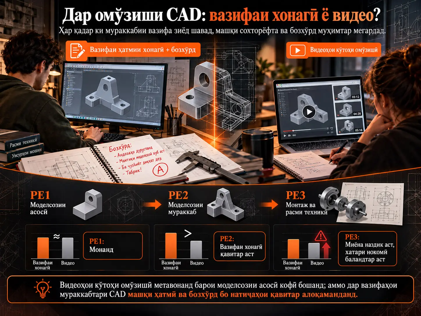 Мувозинати вазифаи хонагӣ ва омӯзиши видеоӣ: таҳлили такрории буришии натиҷаҳои курси CAD