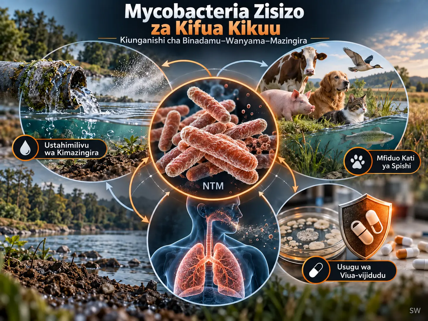 Mycobacteria Zisizo za Kifua Kikuu katika Kiunganishi cha Binadamu–Wanyama–Mazingira: Usugu wa Viua-vijidudu, Udumavu wa Kimazingira na Hatari za Mfiduo Kati ya Spishi