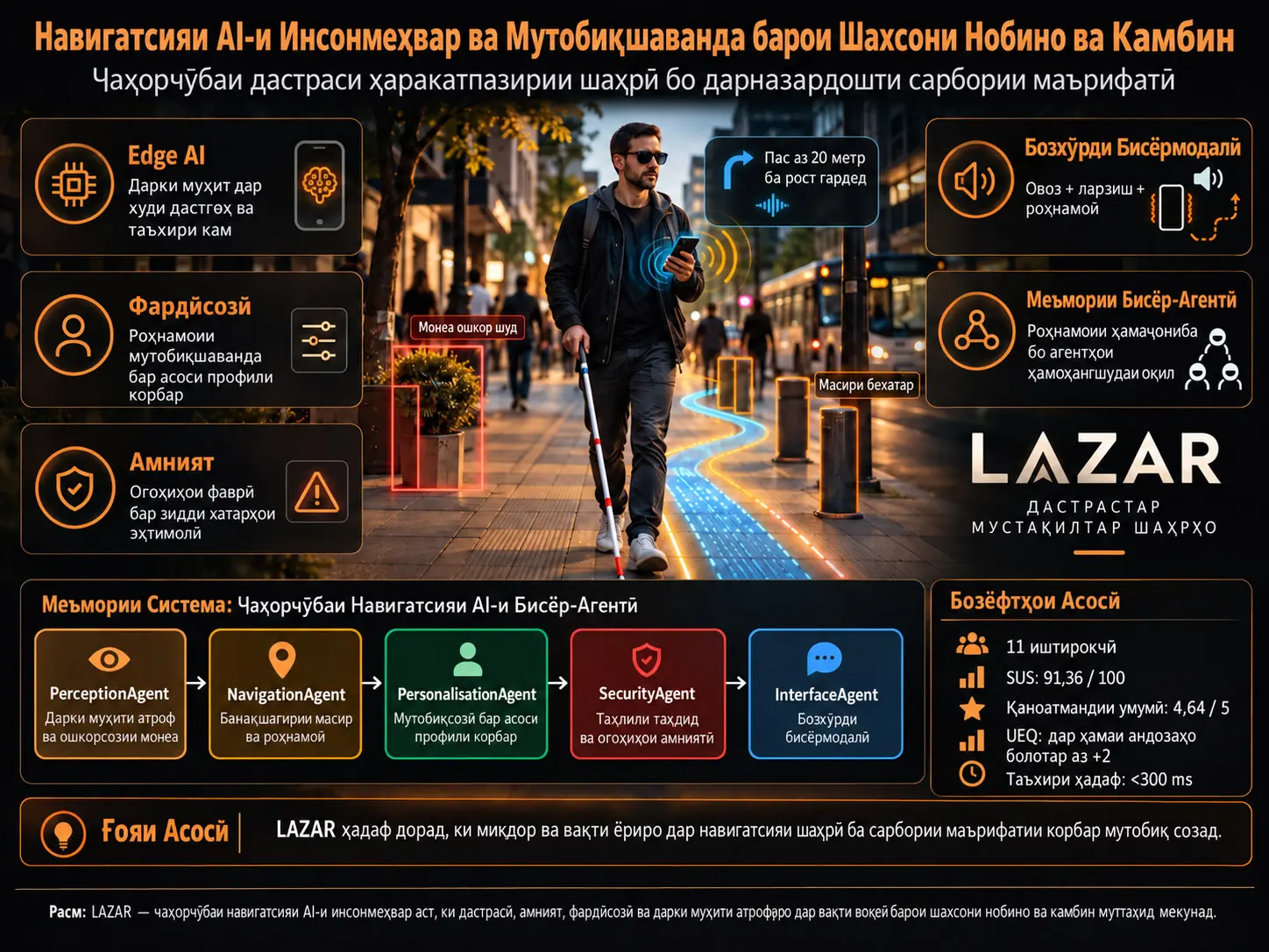 Навигатсияи Зеҳни Сунъии Огоҳ аз Сарбории Маърифатӣ барои Шахсони Нобино ва Камбин: Ҳаракатпазирии Инсонмеҳвар ва Мутобиқшавандаи Шаҳрӣ бо LAZAR