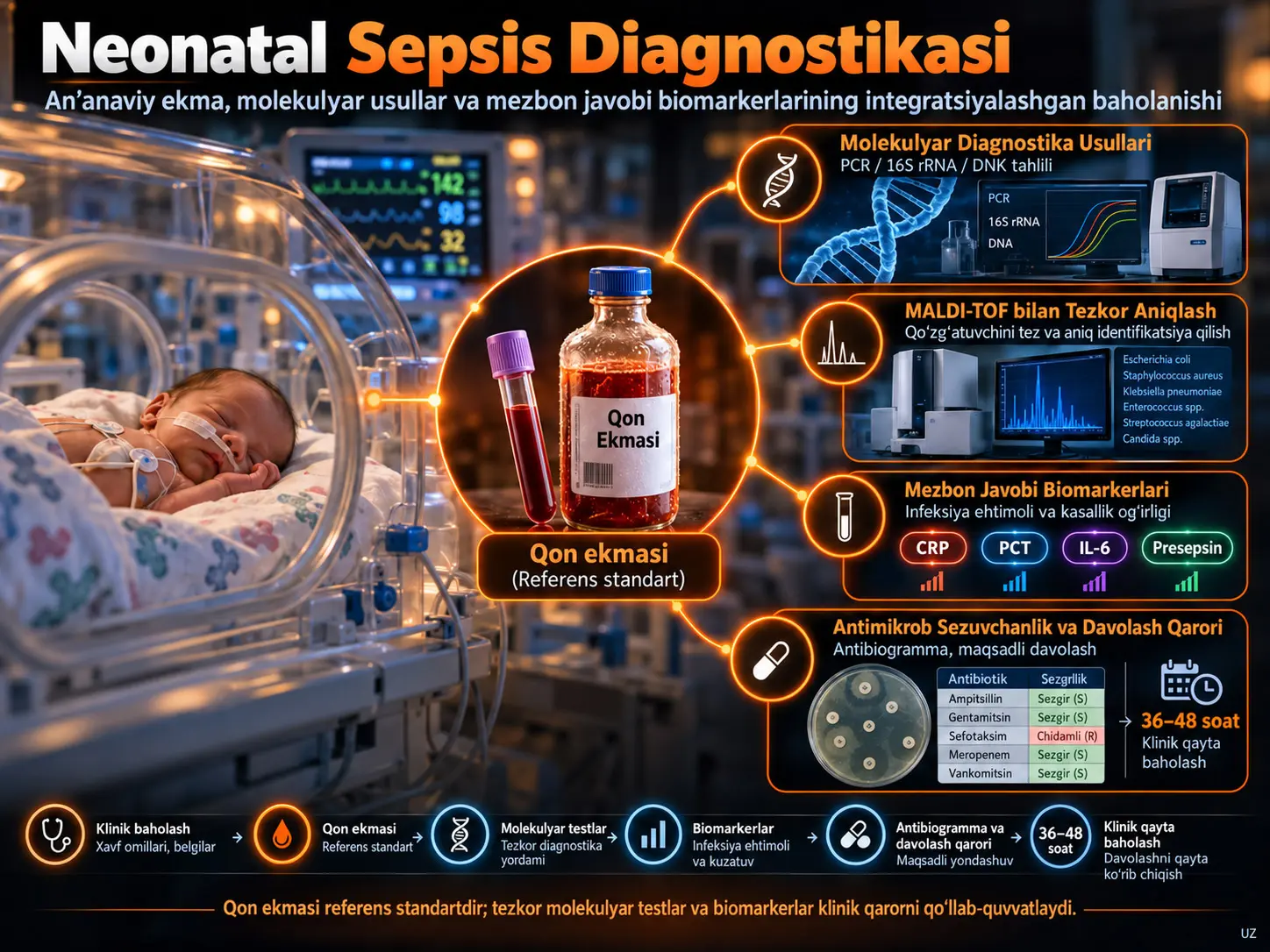Neonatal Sepsis Diagnostikasi: An’anaviy Ekma, Molekulyar Usullar va Mezbon Javobi Biomarkerlarining Integratsiyalashgan Baholanishi