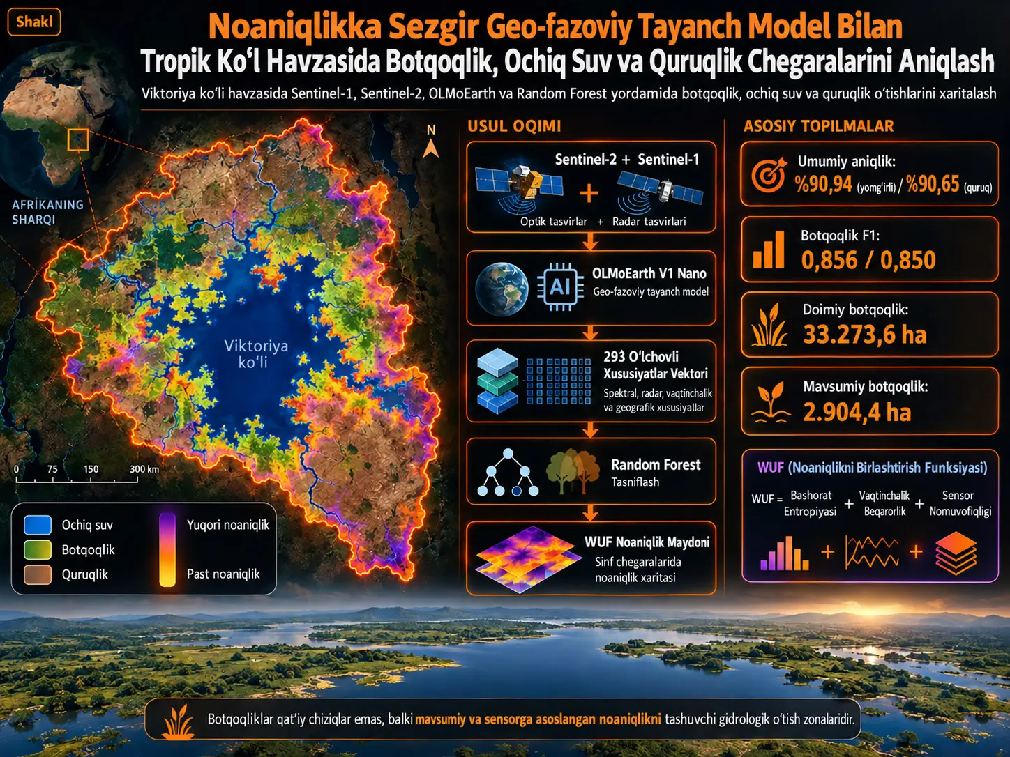 Noaniqlikka Sezgir Geo-fazoviy Tayanch Model Bilan Tropik Ko‘l Havzasida Botqoqlik, Ochiq Suv va Quruqlik Chegaralarini Aniqlash