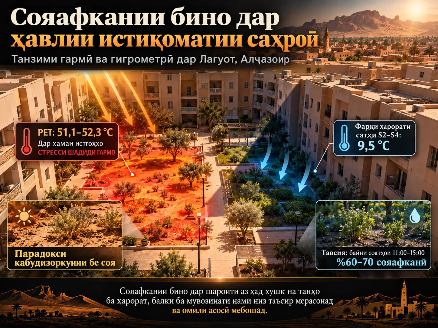 Оё Сояи Бино дар Ҳавлии Манзилии Саҳро Ҳамчун Танзимгари Дугонаи Ҳароратӣ–Гигрометрӣ Амал Мекунад? Далелҳои Саҳроӣ аз Лағват, Алҷазоир, Парадокси Сабзкории Бе Соя ва Пешниҳодҳои Тарроҳӣ