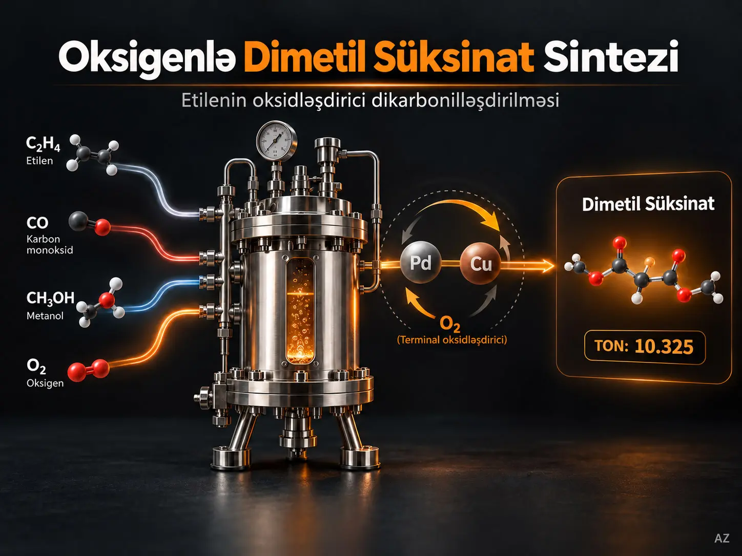Oksigenin iqtisadi terminal oksidləşdirici kimi istifadə edildiyi etilenin oksidləşdirici dikarbonilləşdirilməsi ilə dimetil süksinatın səmərəli və davamlı sintezi