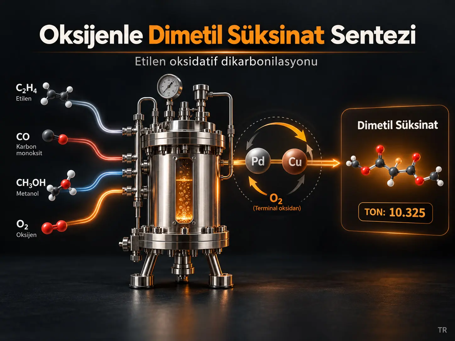 Oksijenin Ekonomik Terminal Oksidan Olarak Kullanıldığı Etilenin Oksidatif Dikarbonilasyonu ile Dimetil Süksinatın Verimli ve Sürdürülebilir Sentezi