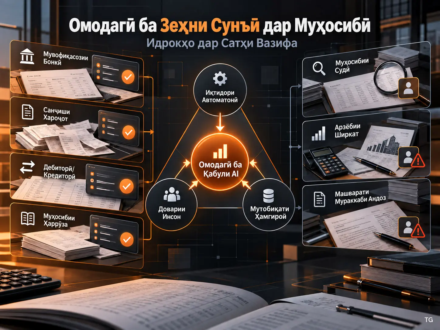 Омодагӣ ба Зеҳни Сунъӣ дар Сатҳи Вазифа миёни Мутахассисони Муҳосибӣ: Автоматонӣ, Доварии Инсон ва Мутобиқати Раванди Кор