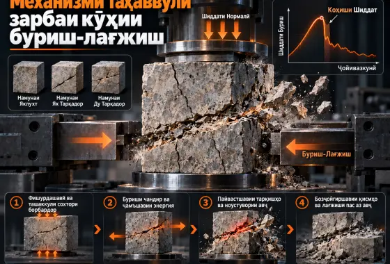 Омӯзиши таҷрибавии механизми таҳаввули зарбаи кӯҳии буриш-лағжиш бо истифода аз маводи синтетикии моил ба зарбаи кӯҳӣ