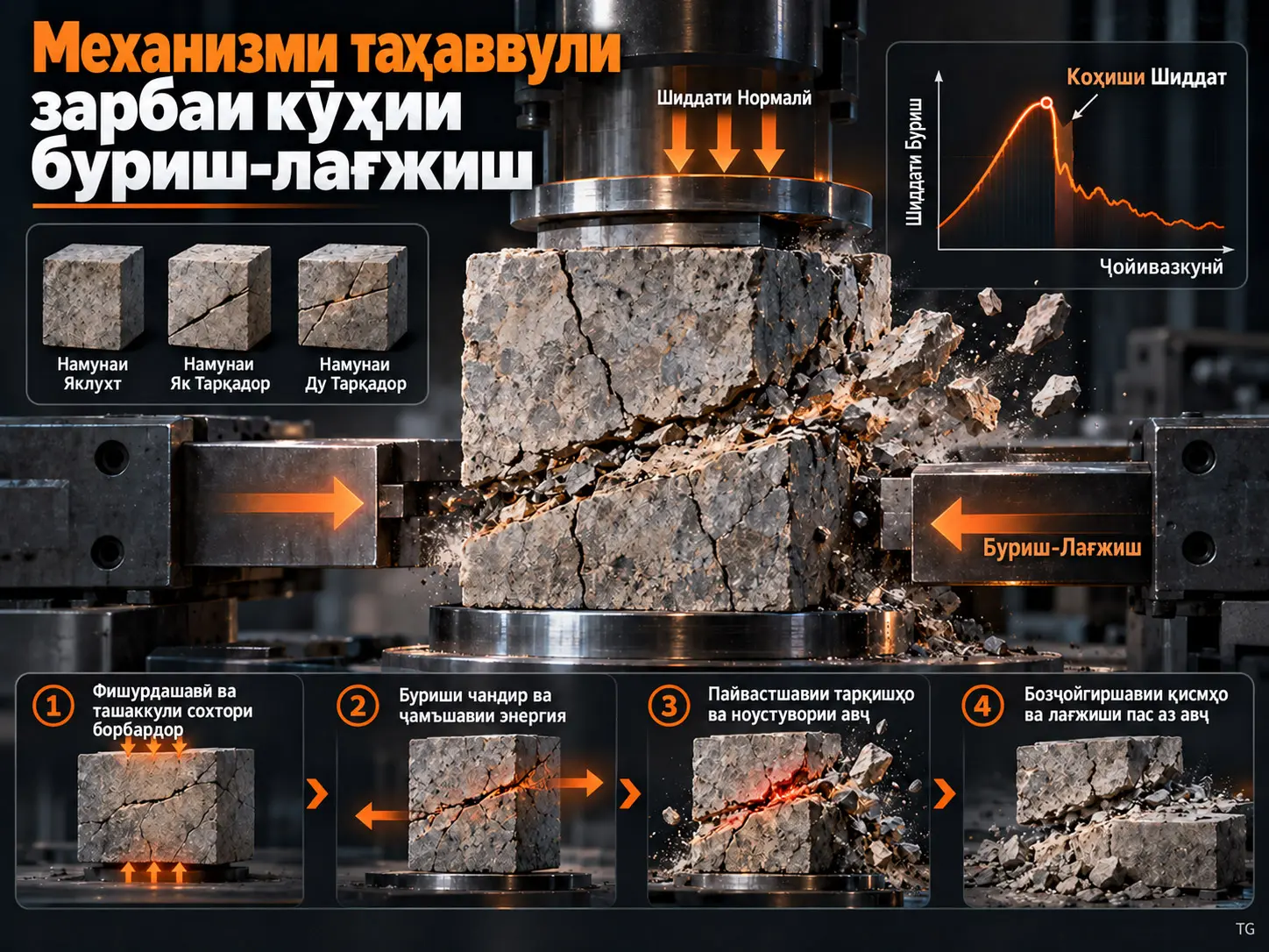 Омӯзиши таҷрибавии механизми таҳаввули зарбаи кӯҳии буриш-лағжиш бо истифода аз маводи синтетикии моил ба зарбаи кӯҳӣ