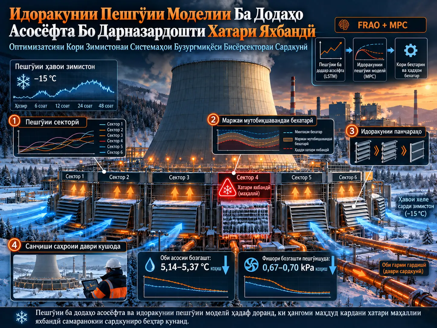 Оптимизатсияи Кори Зимистонаи Системаҳои Бузургмиқёси Бисёрсектораи Сардкунӣ бо Идоракунии Пешгӯии Моделии Ба Додаҳо Асосёфта ва Дарназардошти Хатари Яхбандӣ