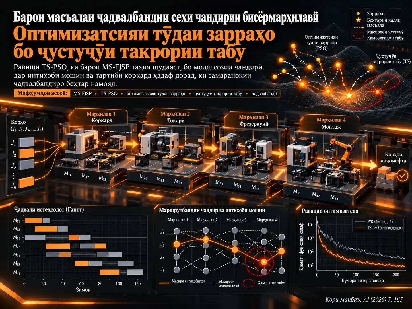 Оптимизатсияи тӯдаи зарраҳо бо ҷустуҷӯи такрории табу барои масъалаи ҷадвалбандии сехи чандирии бисёрмарҳилавӣ
