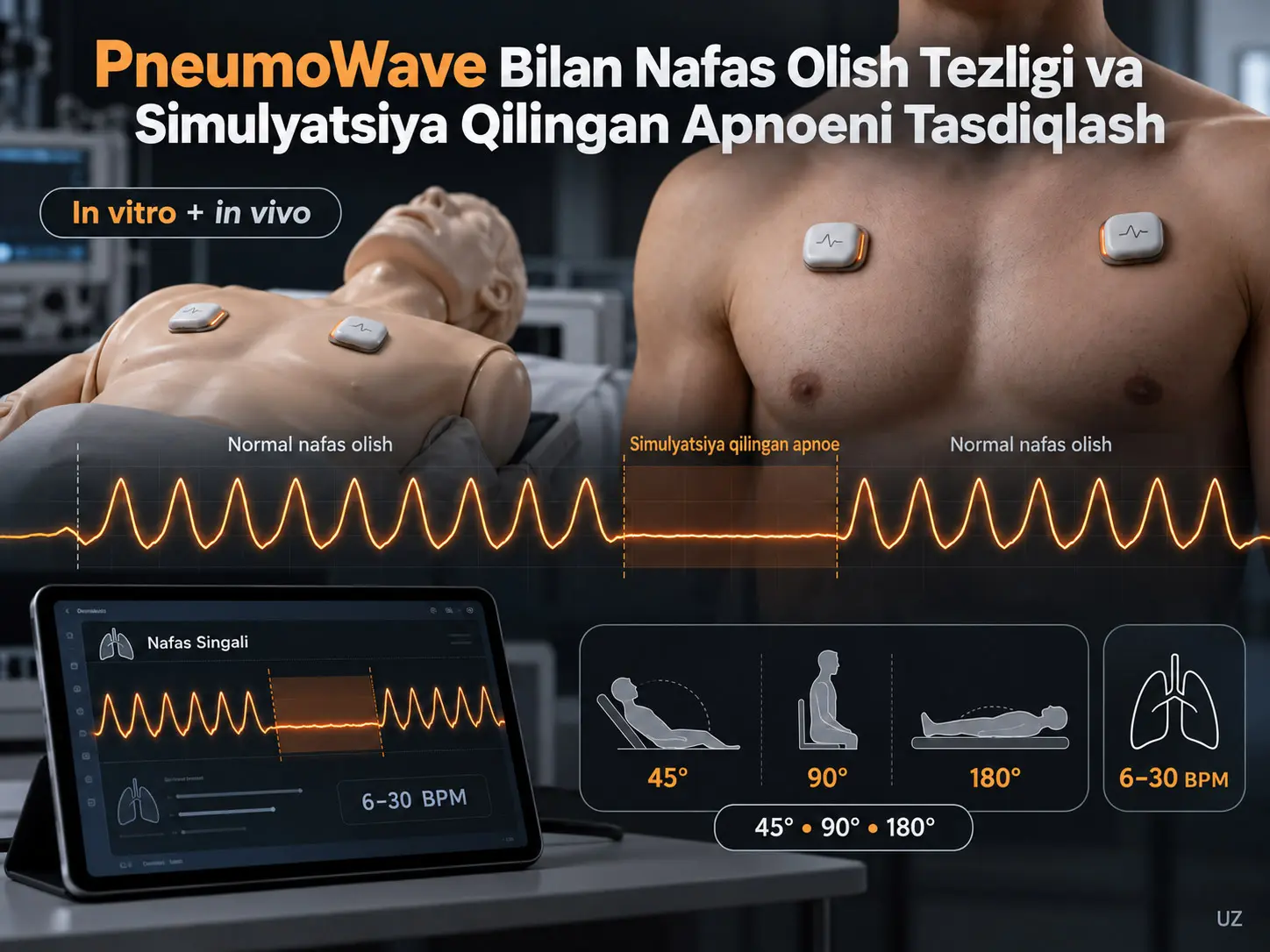 PneumoWave Biosensori Bilan Nafas Olish Tezligi va Simulyatsiya Qilingan Apnoeni Baholash: In Vitro va In Vivo Validatsiya