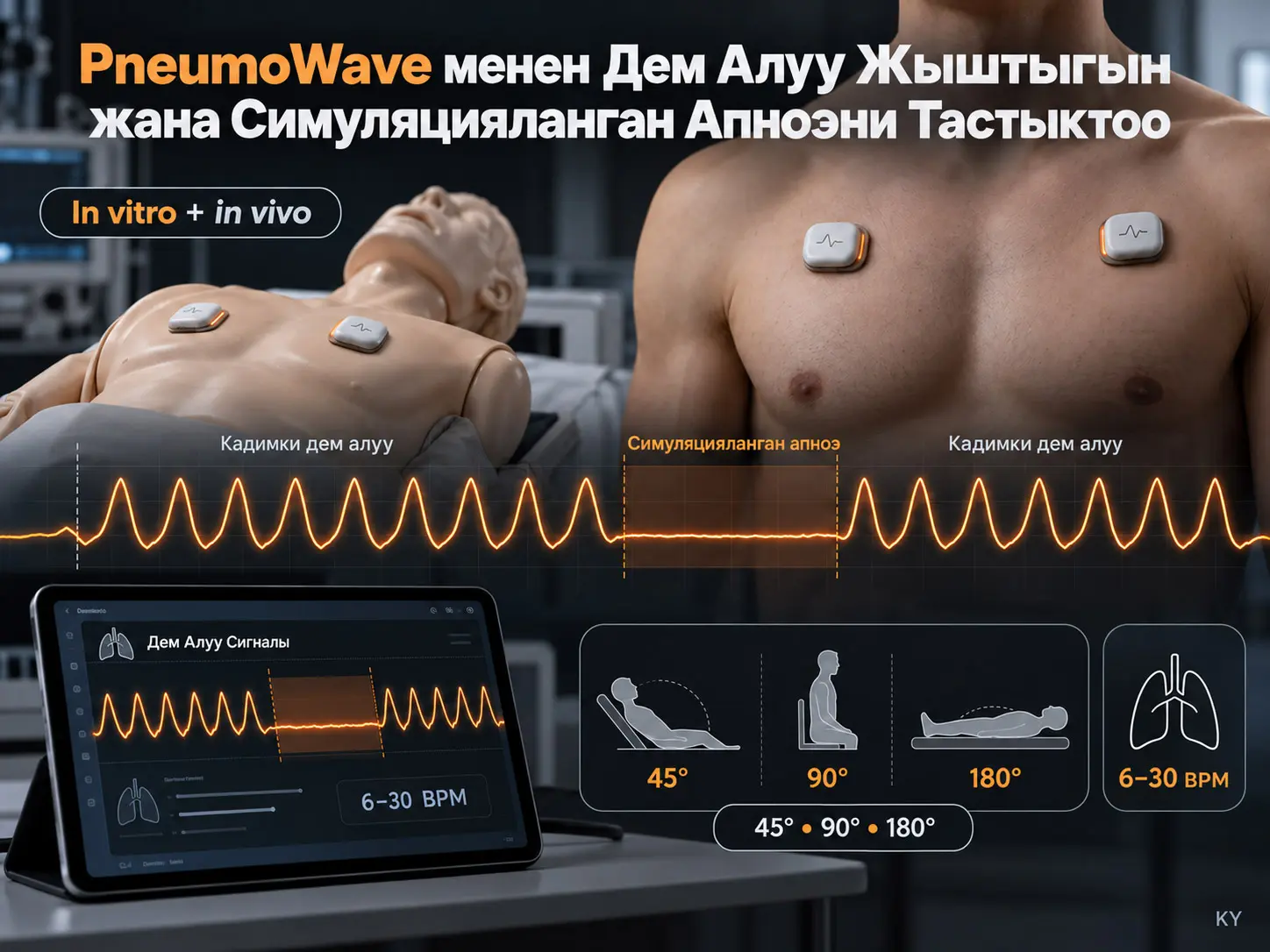 PneumoWave Биосенсору менен Дем Алуу Жыштыгын жана Симуляцияланган Апноэни Баалоо: In Vitro жана In Vivo Тастыктоо