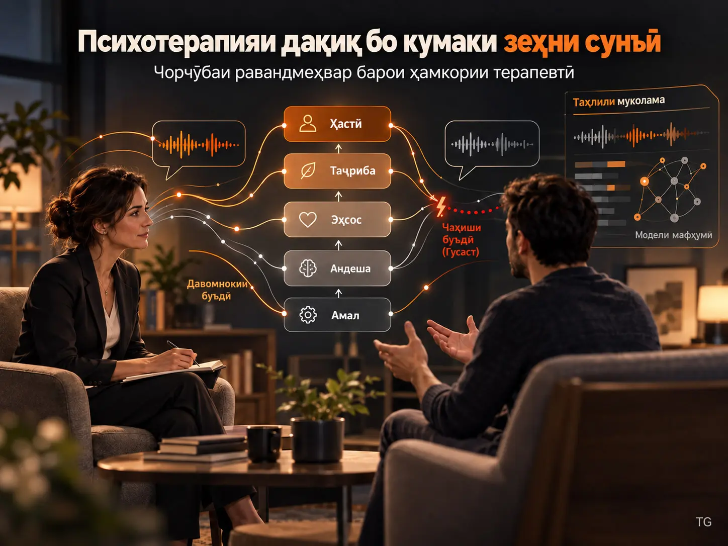 Психотерапияи Дақиқ бо Дастгирии Зеҳни Сунъӣ: Ба Сӯи Чаҳорчӯбаи Равандмеҳвар барои Ҳамкории Терапевтӣ