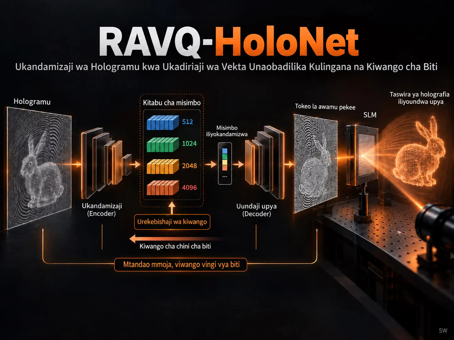 RAVQ-HoloNet: Ukandamizaji wa Hologramu kwa Ukadiriaji wa Vekta Unaobadilika Kulingana na Kiwango cha Biti