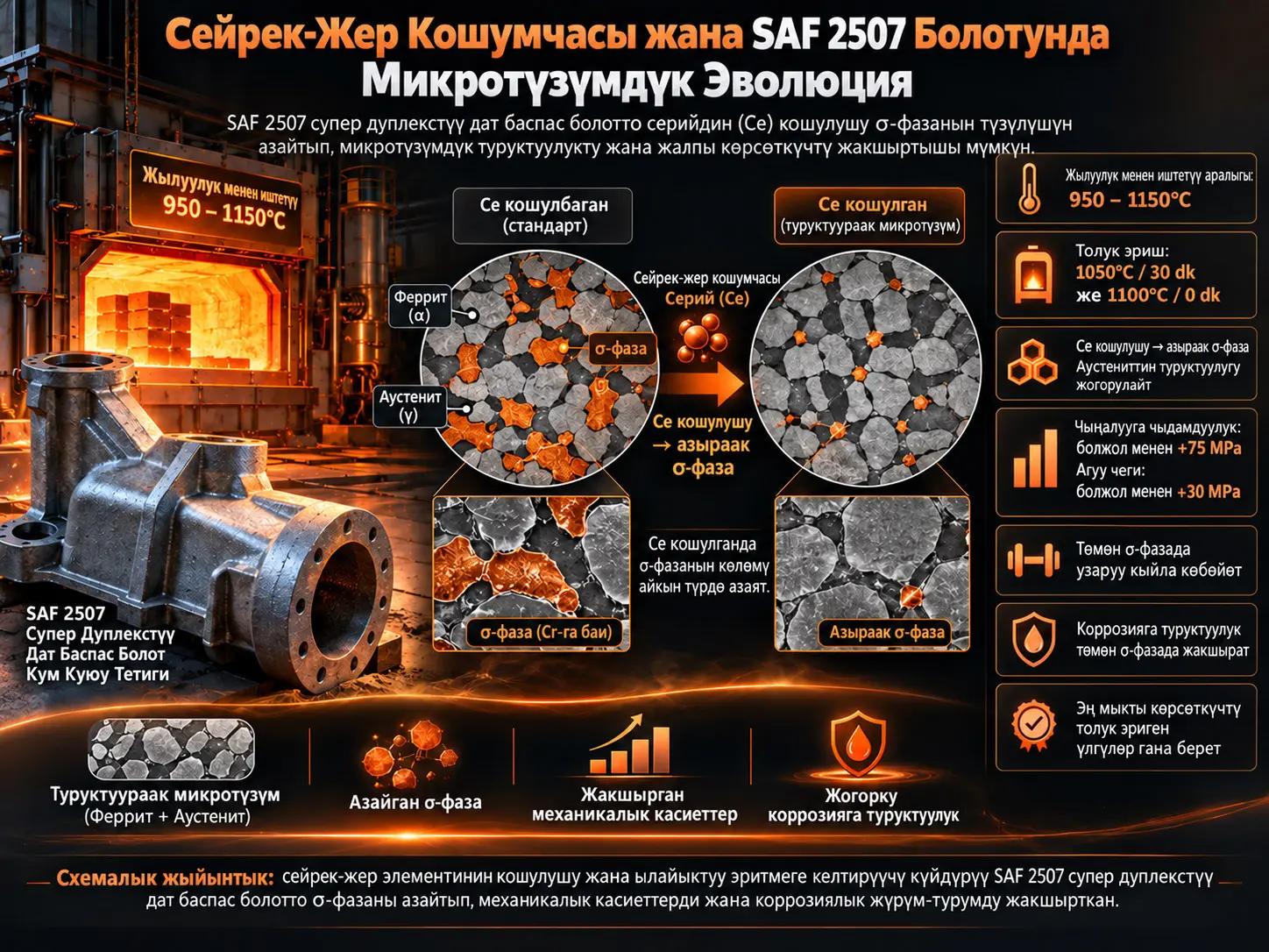SAF 2507 Супер Дуплекстүү Дат Баспас Болотко Сейрек-Жер Кошумчасы: Микротүзүмдүк Эволюцияга жана Механикалык Касиеттерге Таасири