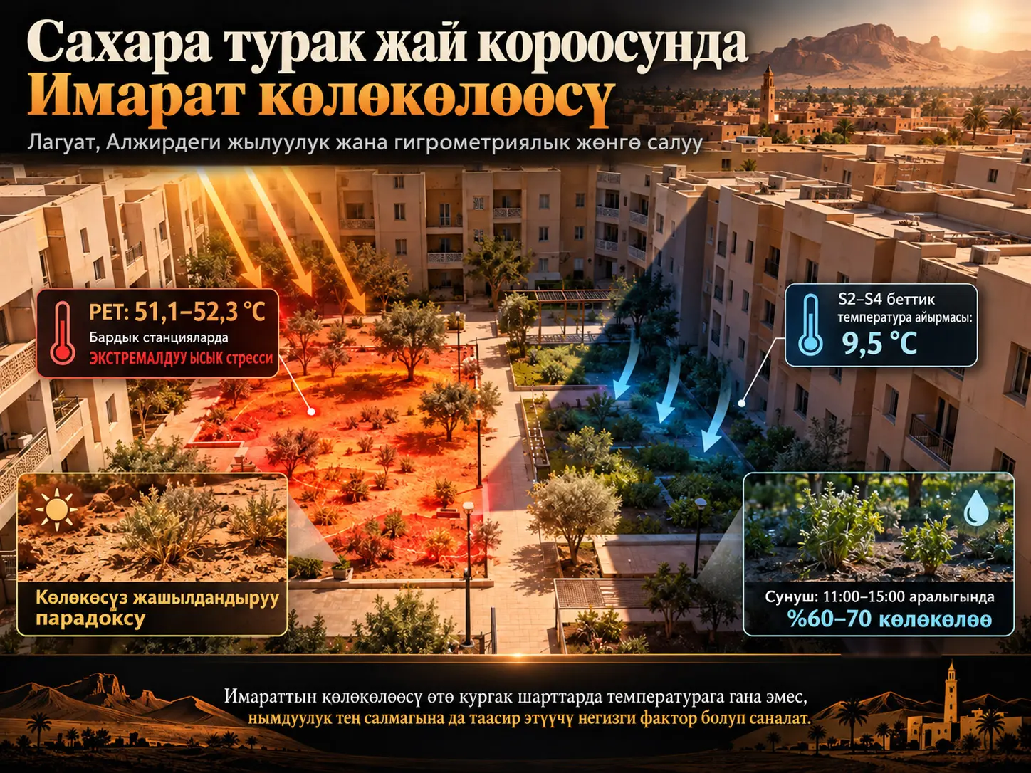 Сахарадагы Турак Жай Короосунда Имараттын Көлөкөсү Кош Термалык–Гигрометриялык Жөнгө Салгыч Катары Иштейби? Лагуат, Алжирден Талаа Далили, Көлөкөсүз Жашылдандыруу Парадоксу жана Долбоордук Сунуштар