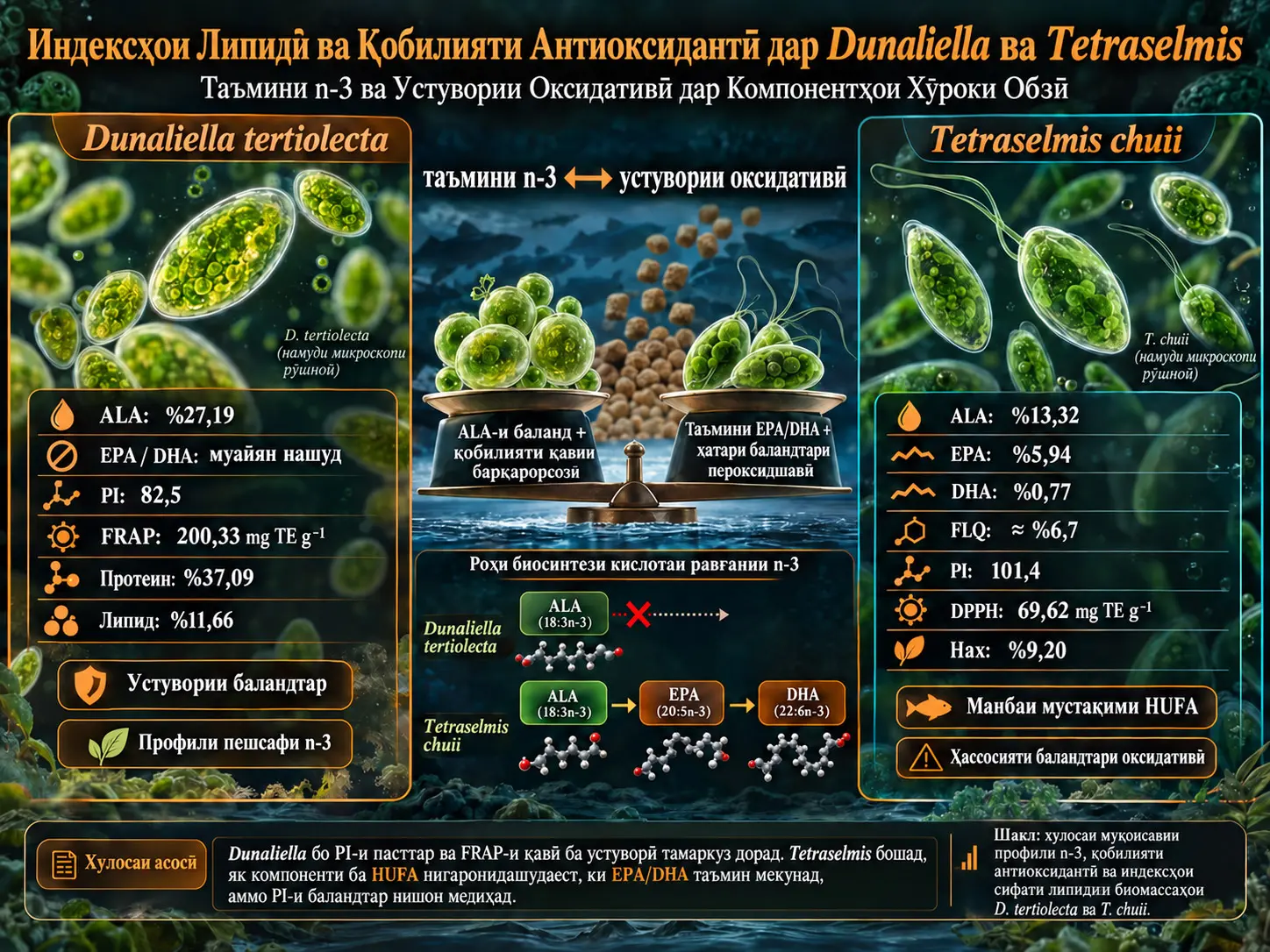 Сифати Липидҳо ва Иқтидори Антиоксидантӣ дар Микроалгҳои Dunaliella ва Tetraselmis: Тавозуни Байни Таъмини n-3 ва Устувории Оксидшавӣ дар Хӯроки Аквакултура