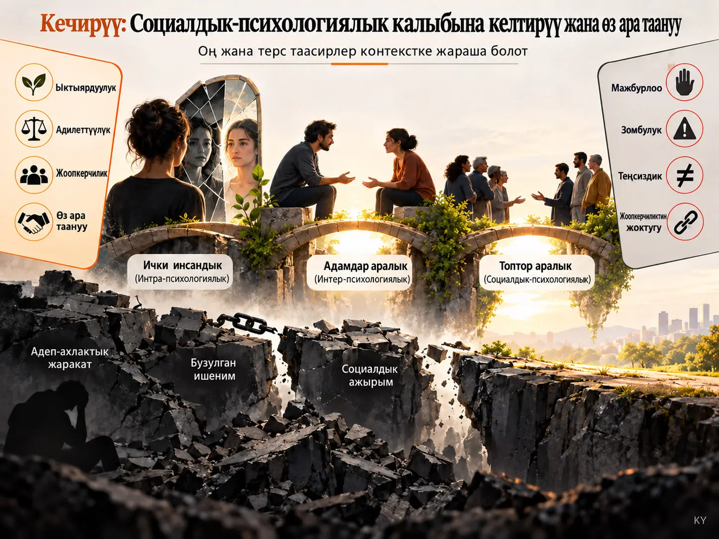 Социалдык-психологиялык калыбына келтирүү жана өз ара таануу катары кечирүү: Топтор аралык, адамдар аралык жана адамдын өзү менен болгон мамилелериндеги 26 жылдык изилдөөнүн оң жана терс жыйынтыктары