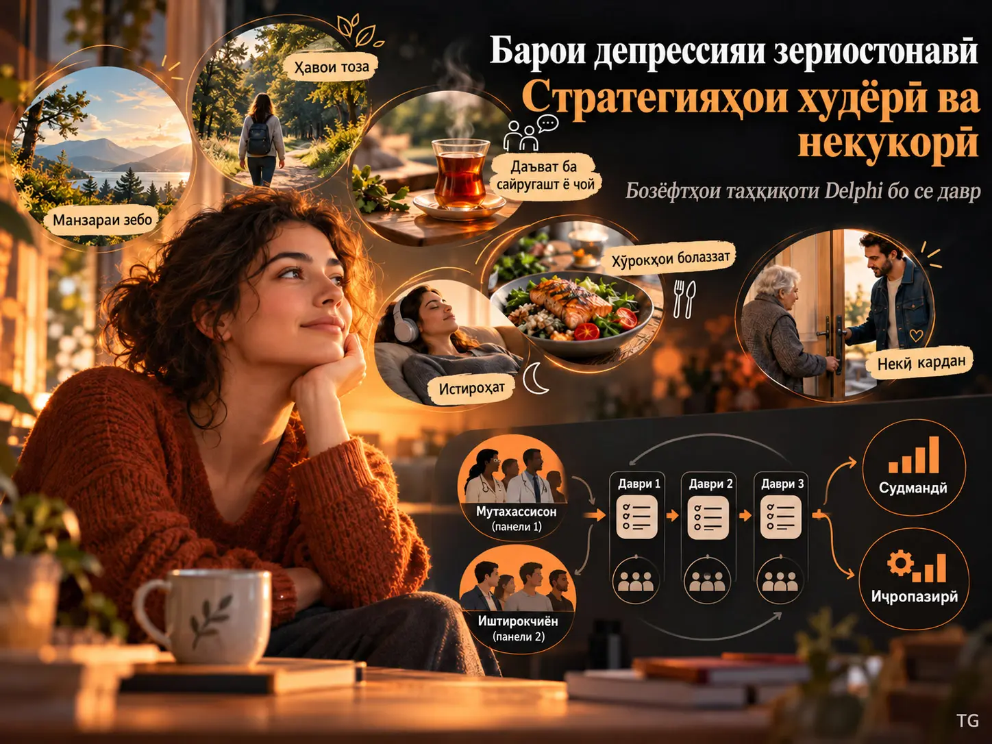 Таҳқиқоти Delphi барои Муайян кардани Стратегияҳои Самараноки Худкӯмак ва Некӣ барои Депрессияи Зериостонавӣ
