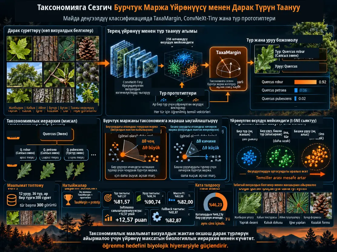 Таксономияга Сезгич Бурчтук Маржа Үйрөнүүсү менен Майда Деңгээлдүү Дарак Түрлөрүн Таанууну Жакшыртуу