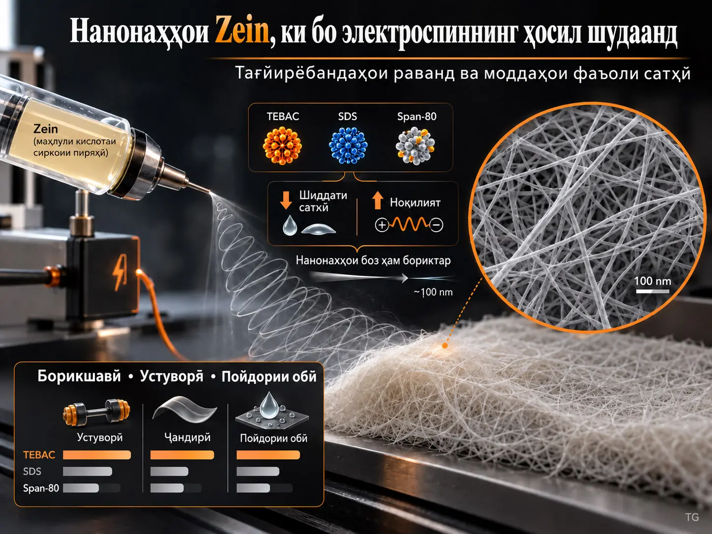 Ташаккул ва Хосиятҳои Нанонахҳои Зеин, ки аз Маҳлулҳои Кислотаи Сиркоии Пиряхӣ бо Электроспиннинг Ҳосил Шудаанд: Таъсири Тағйирёбандаҳои Раванд ва Моддаҳои Фаъоли Сатҳӣ