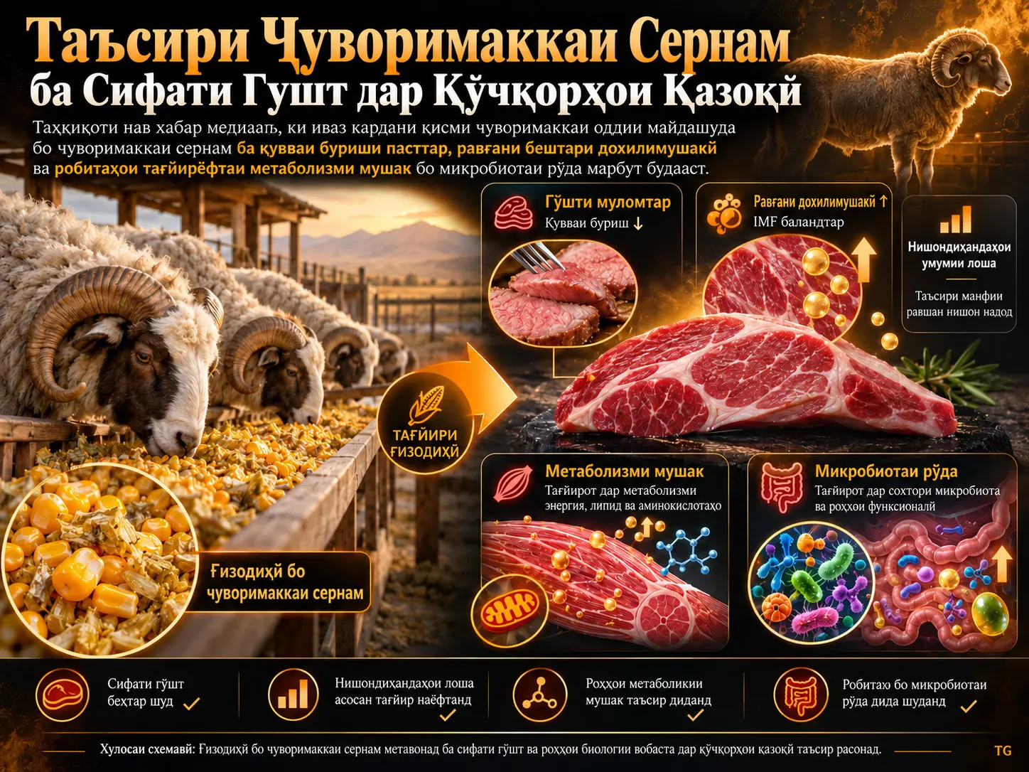 Таъсири Ғизодиҳӣ бо Ҷуворимаккаи Сернам ба Нишондиҳандаҳои Гӯшт, Сифати Гӯшт, Метаболизми Мушак ва Микробиотаи Рӯда дар Қӯчқорҳои Қазоқӣ