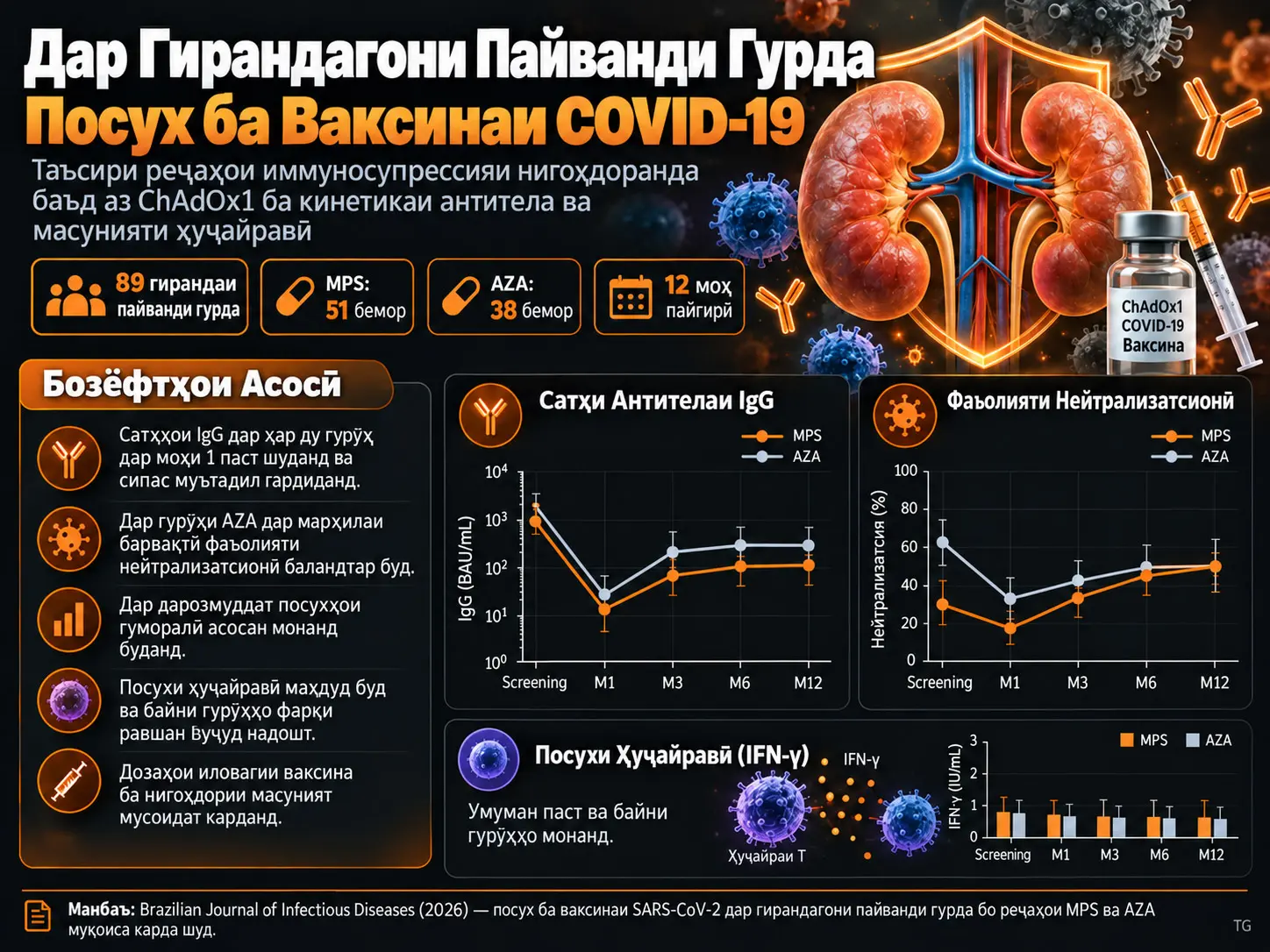 Таъсири Реҷаи Иммуносупрессияи Нигоҳдоранда ба Кинетикаи Антителаҳои Anti-SARS-CoV-2 ва Масунияти Ҳуҷайравӣ дар Гирандагони Пайванди Гурда, ки ChAdOx1-ро ҳамчун Эмгузаронии Ибтидоӣ Гирифтаанд