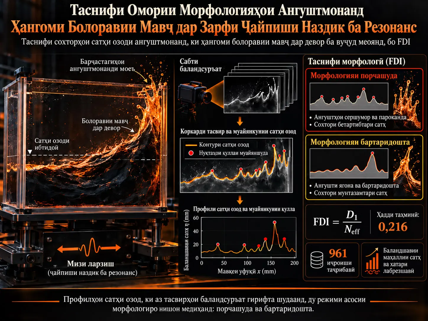 Таснифи Омории Морфологияҳои Ангуштмонанд Ҳангоми Болоравии Мавҷ дар Зарфи Чайпиши Наздик ба Резонанс