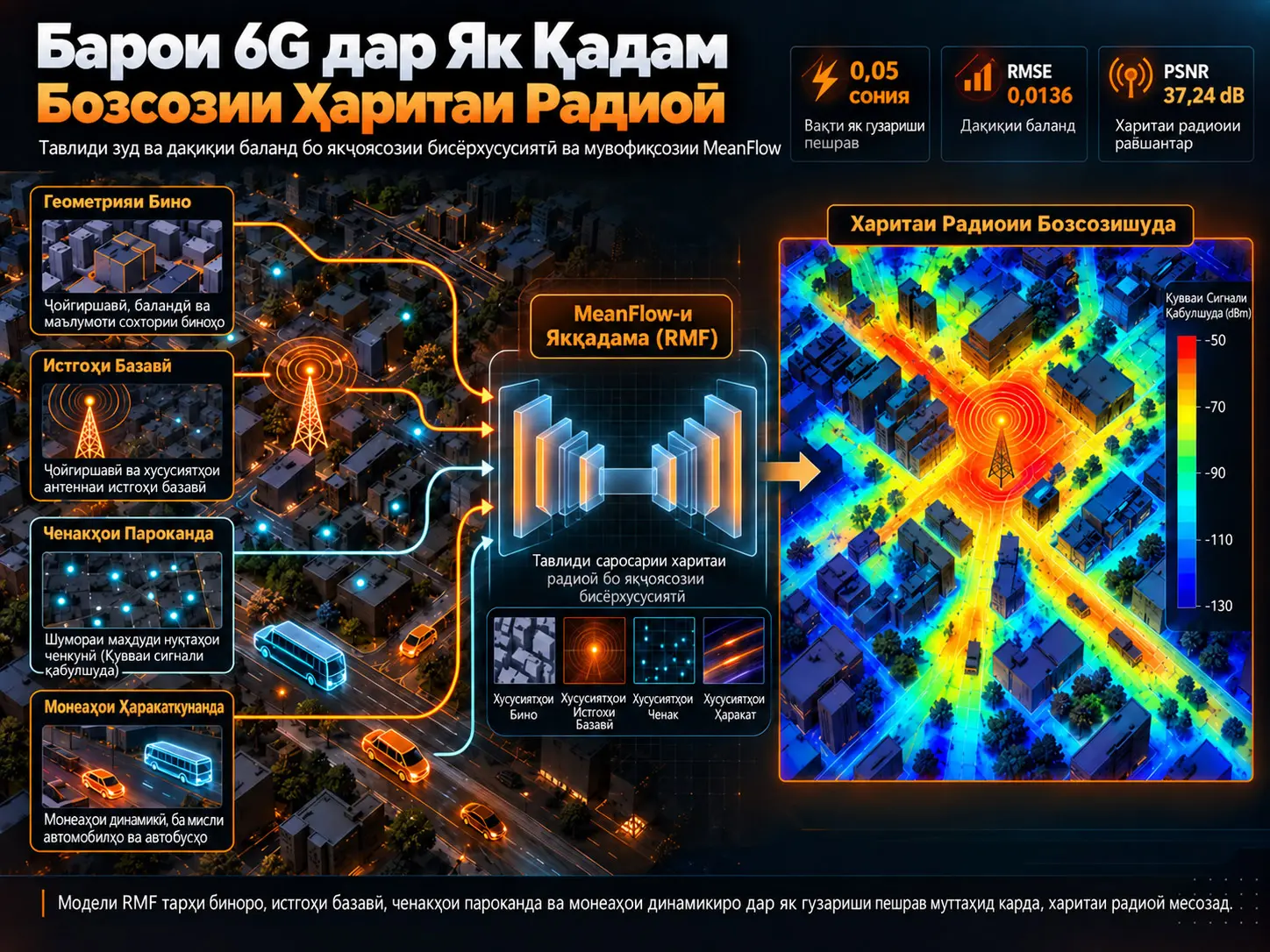Тавлиди Якқадамаи Харитаи Радиоӣ барои 6G: Бозсозӣ дар 0,05 Сония бо MeanFlow ва Якҷоясозии Бисёрхусусиятӣ