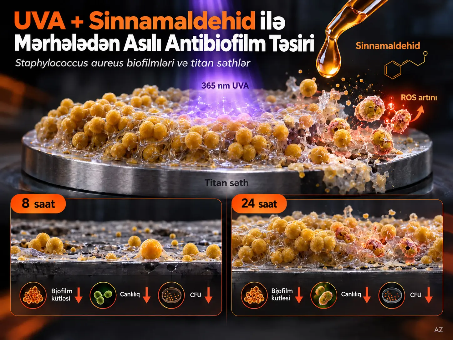 Titan Səthlərdə Staphylococcus aureus Biofilmlərinə Qarşı UVA ilə Sinnamaldehidin Mərhələdən Asılı Antibiofilm Təsirləri