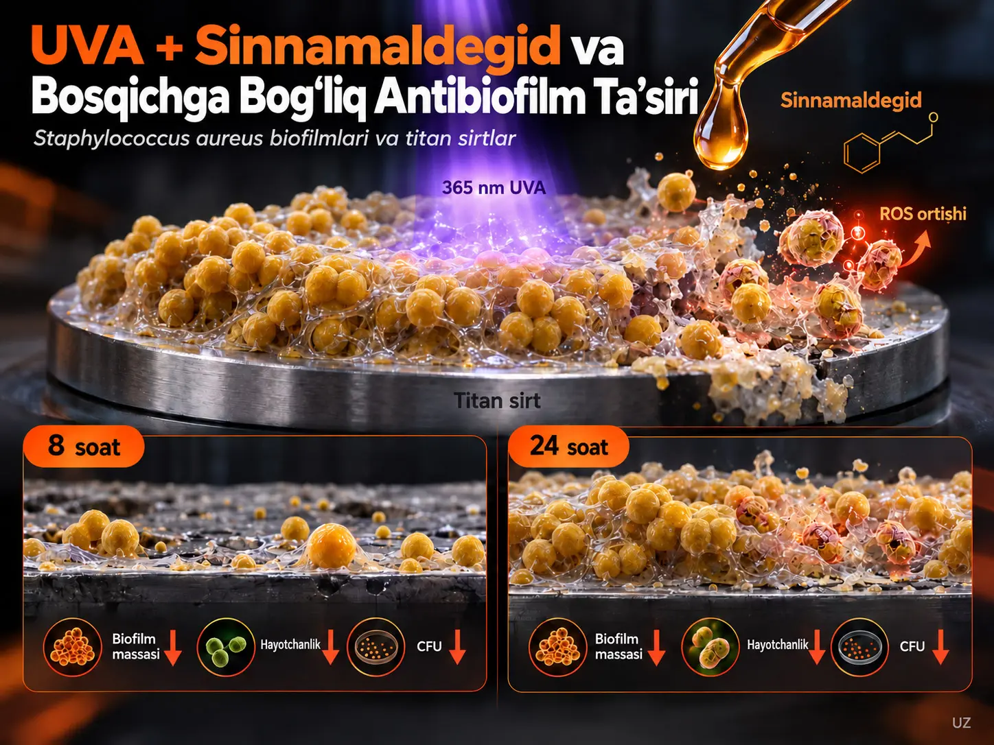 Titan Sirtlarda Staphylococcus aureus Biofilmlariga Qarshi UVA va Sinnamaldegidning Bosqichga Bogʻliq Antibiofilm Taʼsirlari