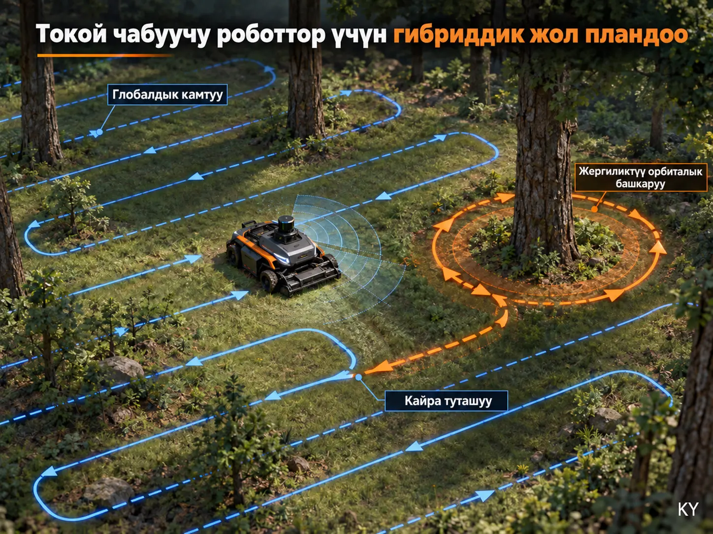Токой чабуучу роботтор үчүн эки-дене илхамындагы орбиталык башкарууга негизделген гибриддик жол пландоо