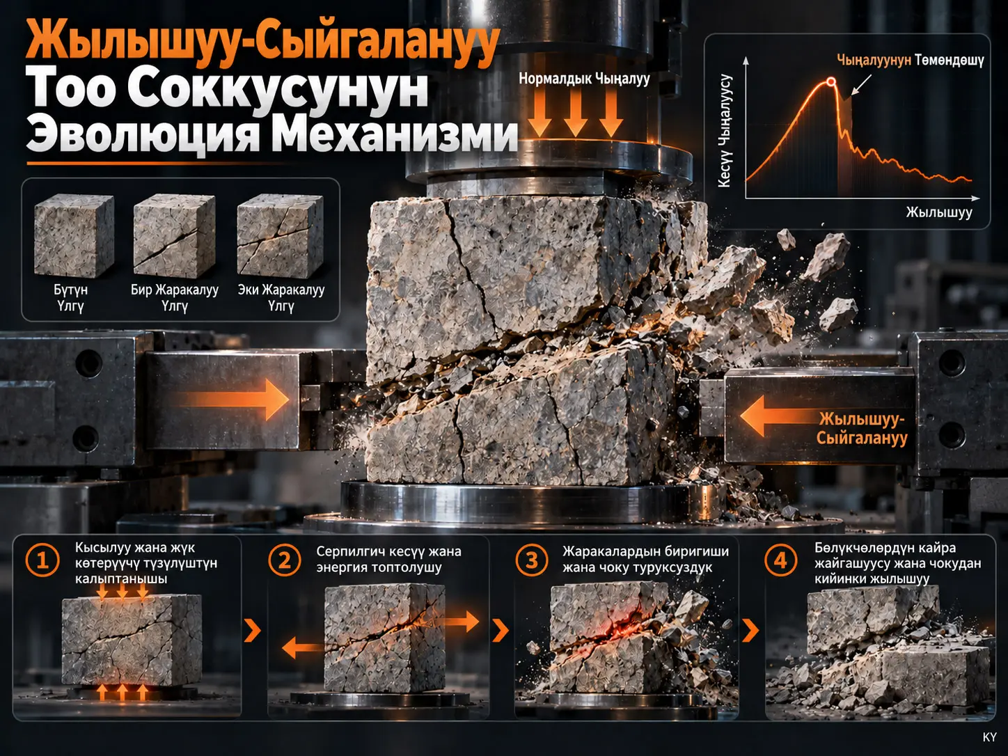 Тоо соккусуна ыктаган синтетикалык материалды колдонуу менен жылышуу-сыйгалануу тоо соккусунун эволюция механизмин эксперименттик изилдөө