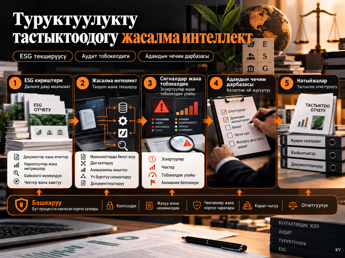 Туруктуулукту тастыктоодогу жасалма интеллект: бухгалтердик эсеп маселелери, аудит тобокелдиктери жана ESG текшерүүсү үчүн жоопкерчиликтүү колдонуу алкагы