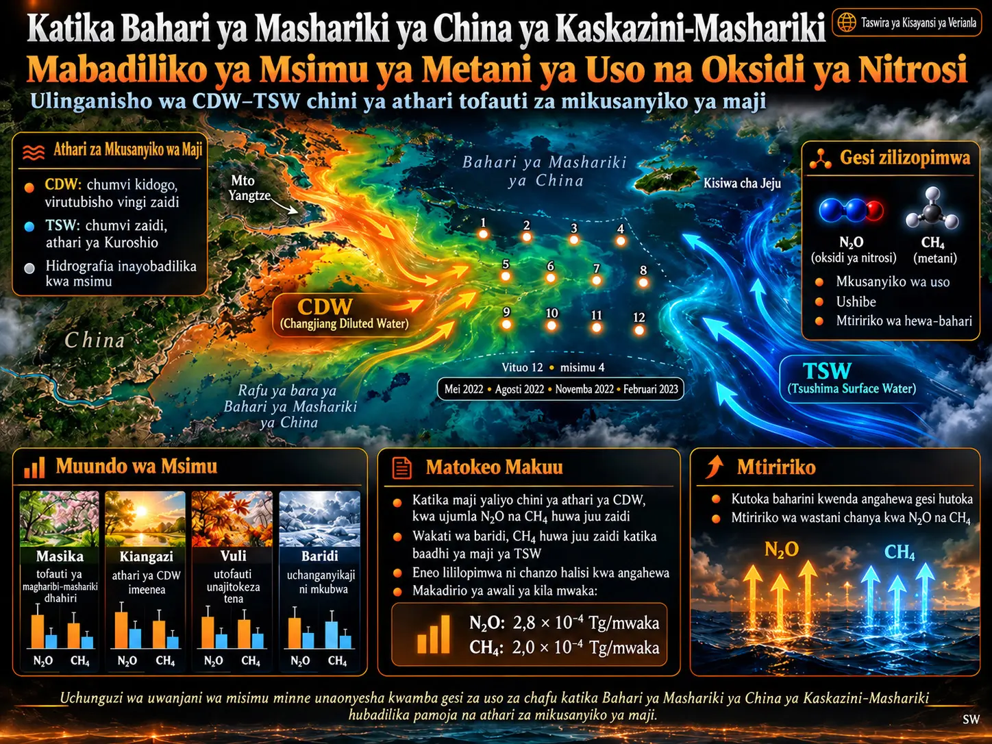 Ubadilikaji wa Msimu wa Methani ya Uso na Oksidi ya Nitrojeni (I) chini ya Athari Tofauti za Misa za Maji katika Sehemu ya Kaskazini ya Bahari ya China Mashariki