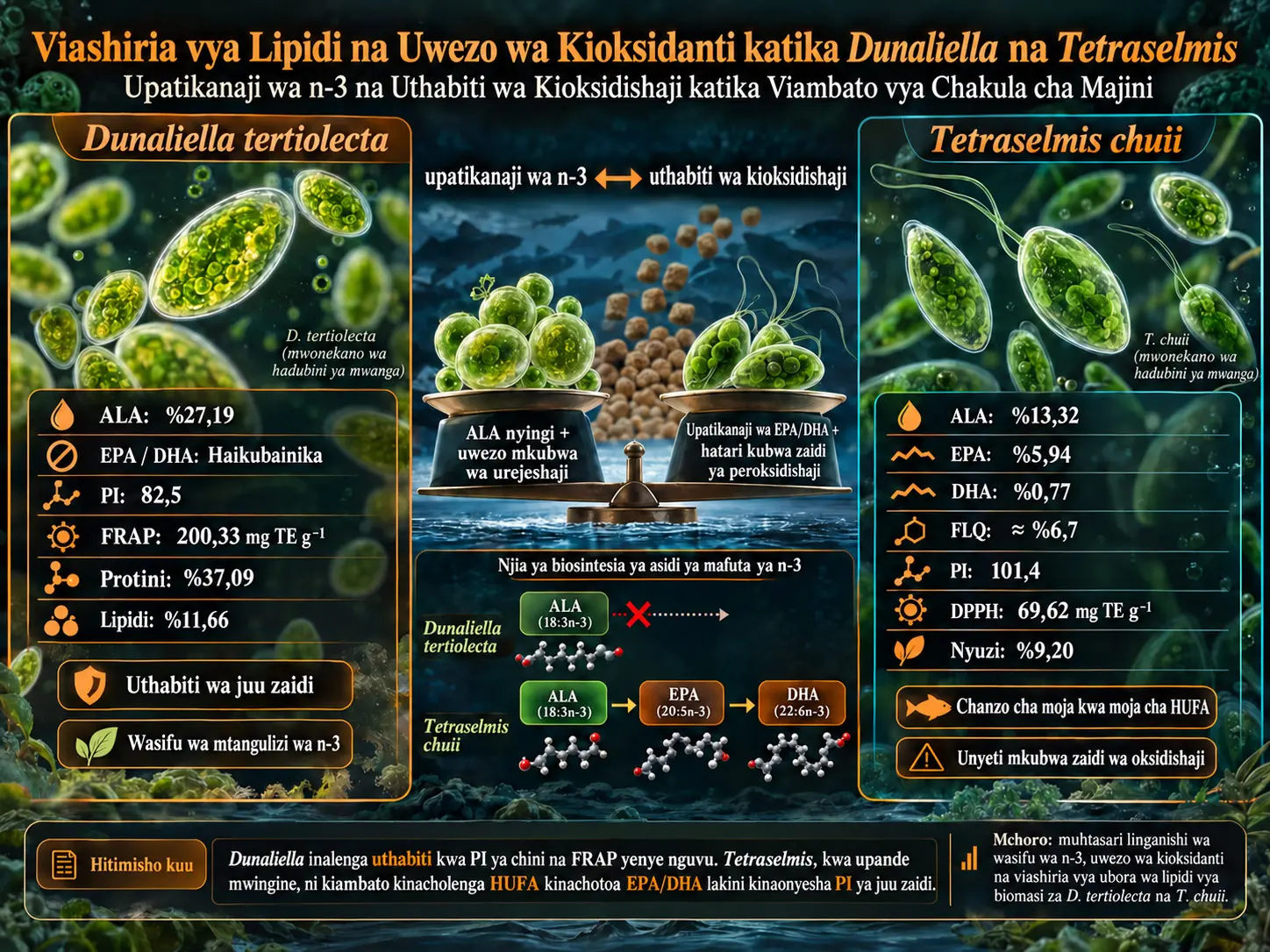 Ubora wa Lipidi na Uwezo wa Antioxidant katika Mwani Mdogo wa Dunaliella na Tetraselmis: Uwiano kati ya Ugavi wa n-3 na Uthabiti wa Oksidishaji katika Chakula cha Viumbe wa Majini